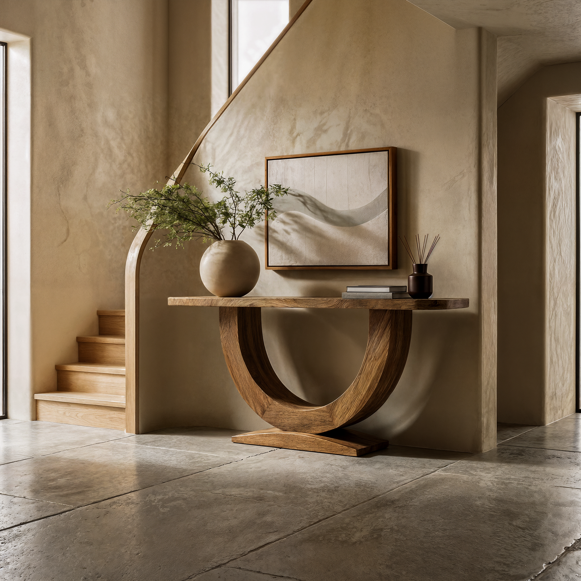 Contemporary Organic Console Table With U Shape Pedestal Base For Entryway And Living Room
