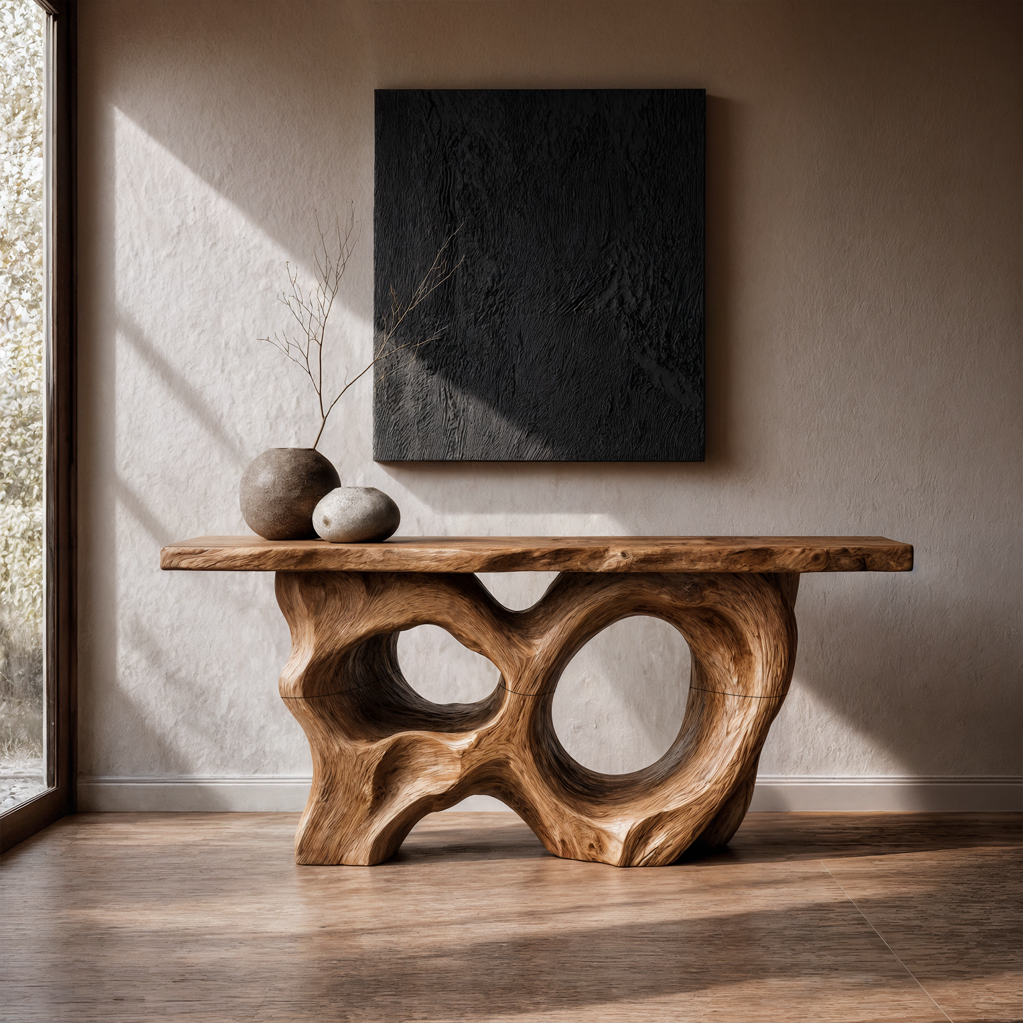 Modern Console Table With Sculptural Asymmetrical Wood Base  For Living Room