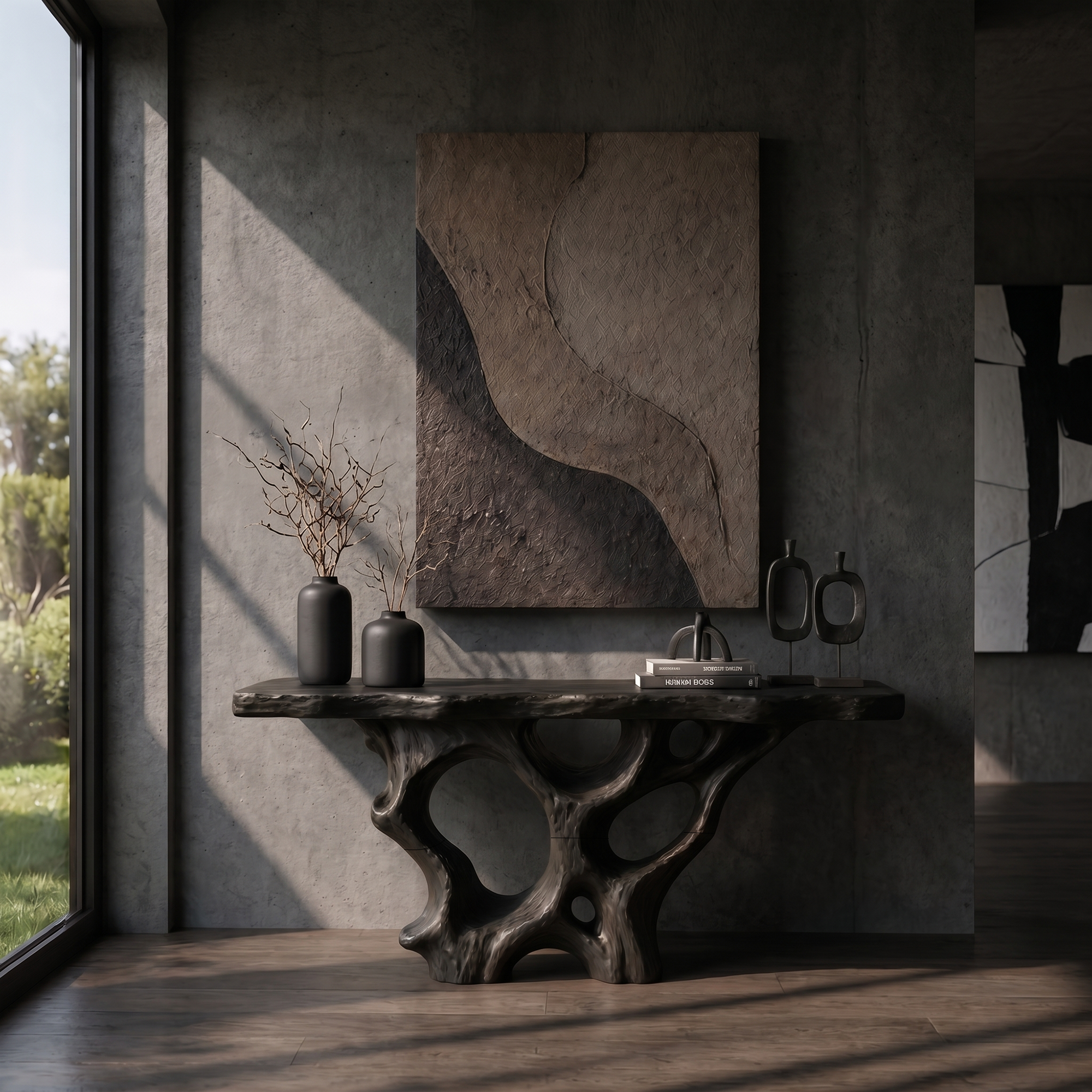 Organic Unique Console Table With Sculptural Natural Wood Base For Living Room