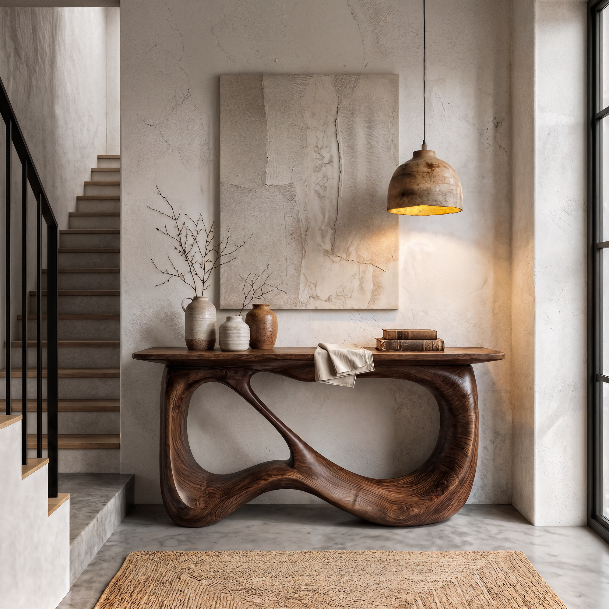 Minimalist Console Table With Flowing Loop Wood Base For Entryway