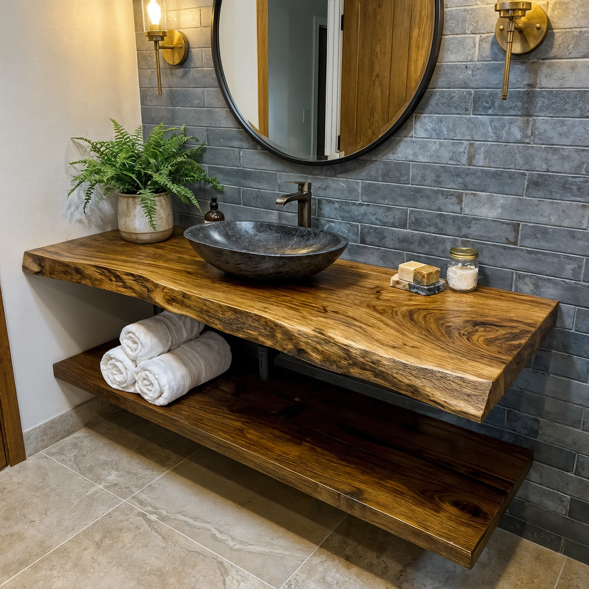 Mid Century Bathroom Vanity Shelf Curved Edge Wood Bathroom Look