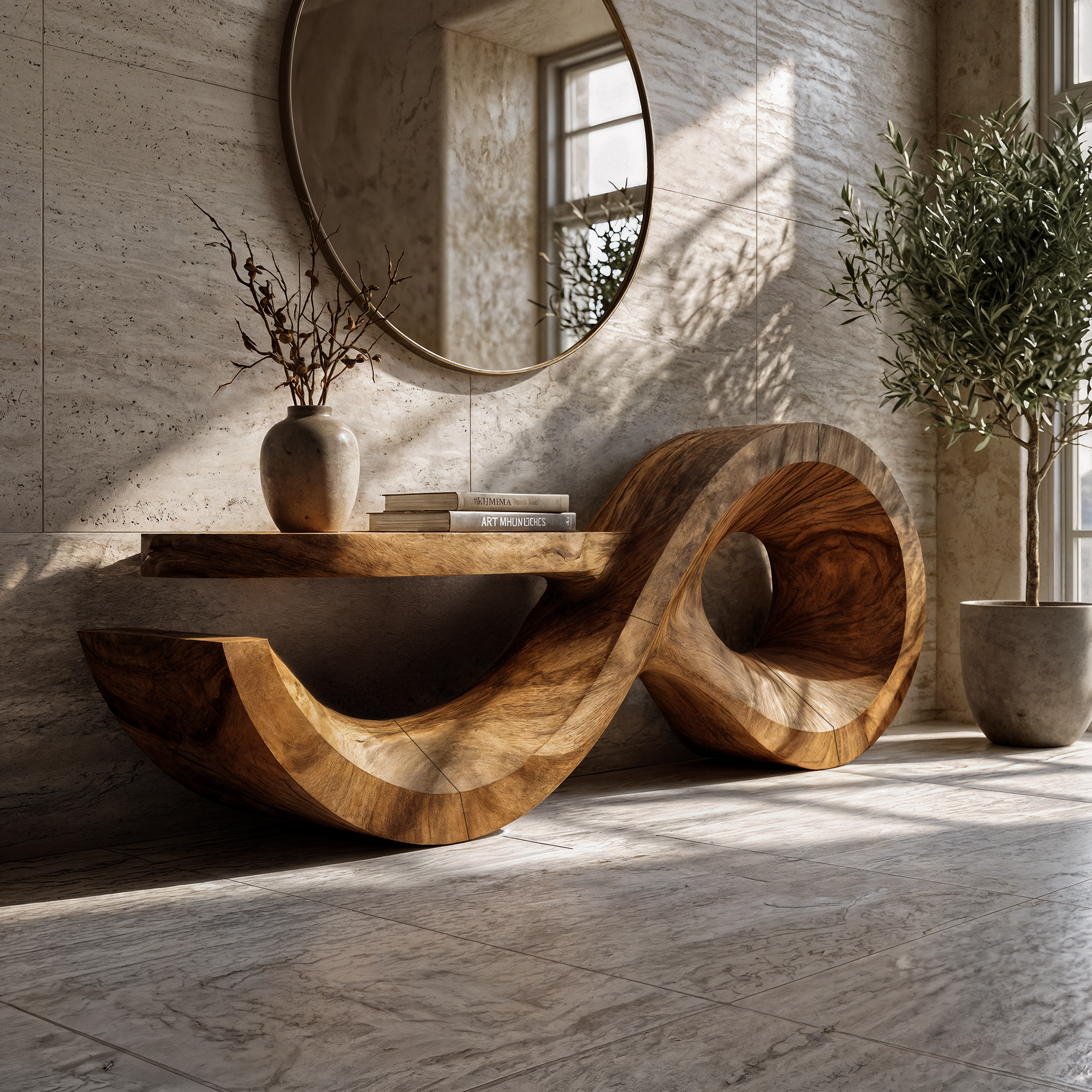Contemporary Console Table With Sculptural Wave Wood Base And Solid Wood Top For Living Room