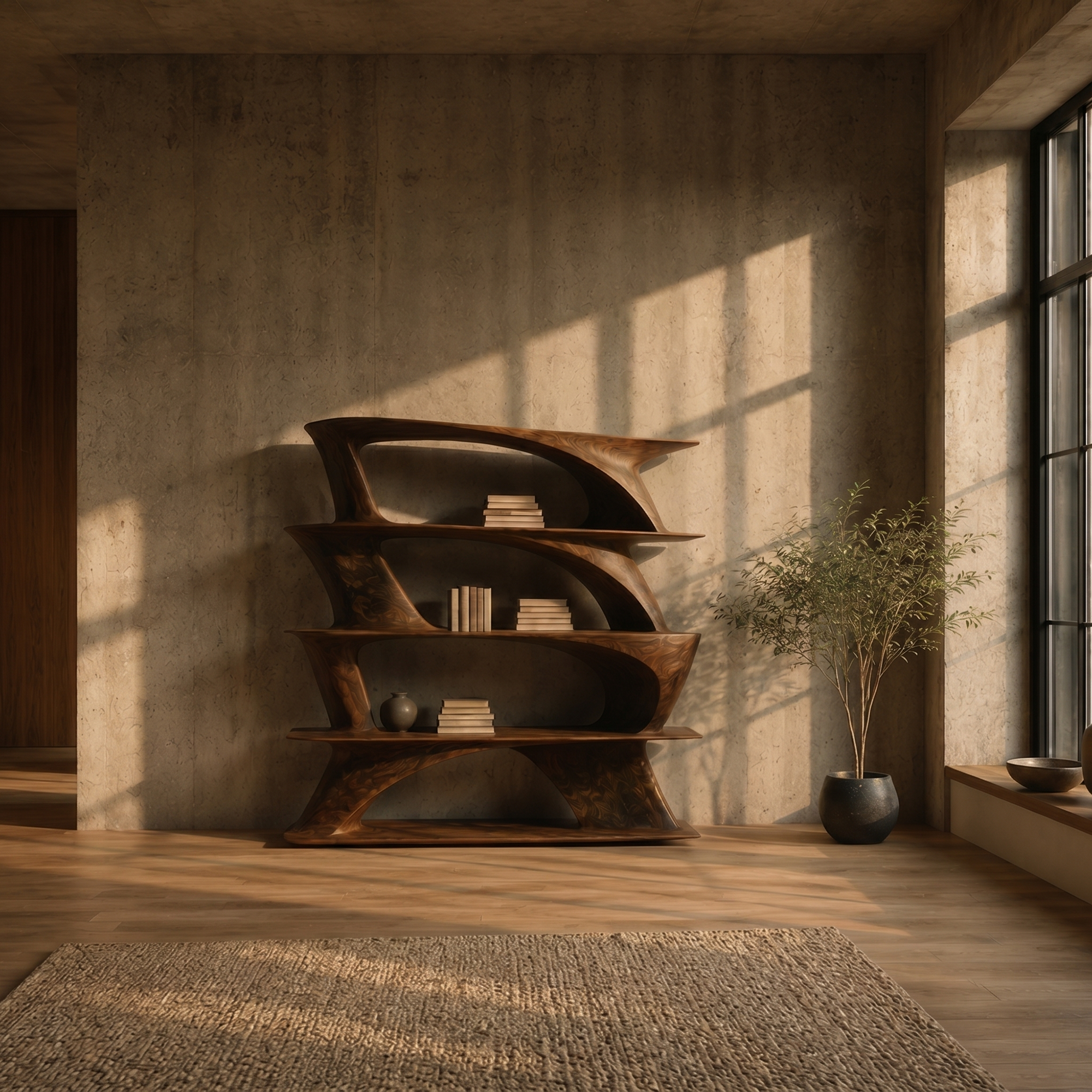 Organic Sculptural Bookshelf With Asymmetrical Open Shelves For Living Room