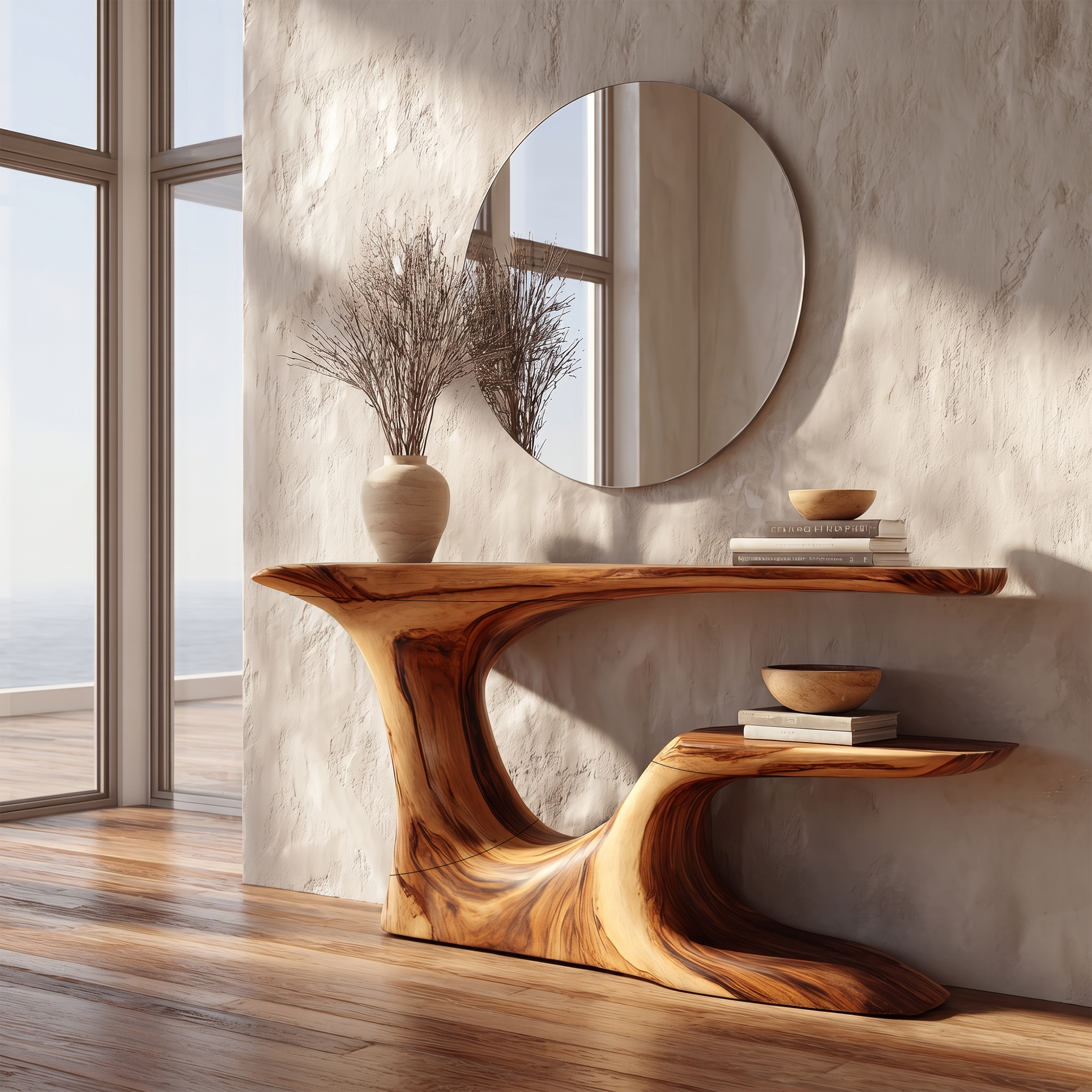 Rustic Organic Console Table With Live Edge Top And Sculptural Solid Wood Base For Entryway