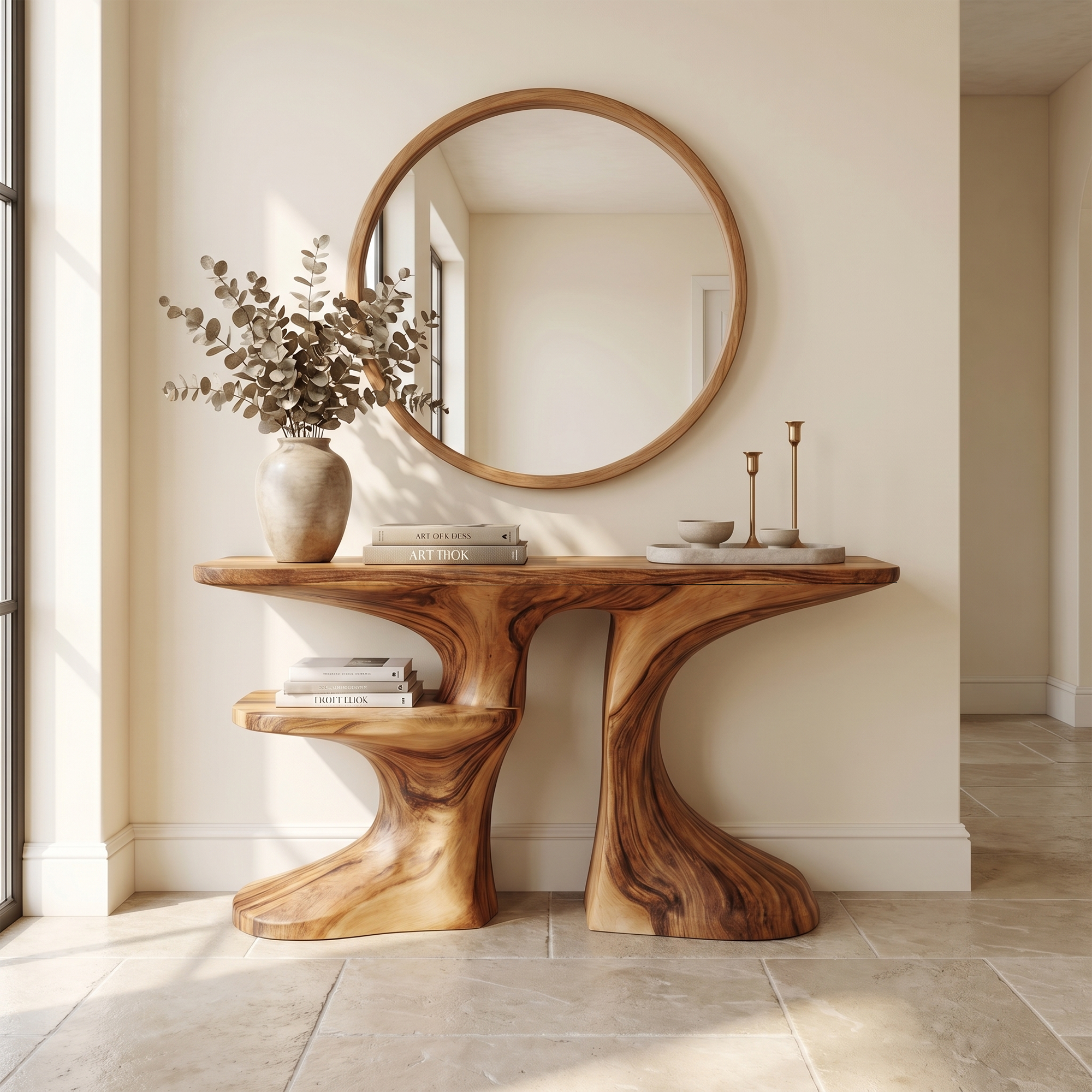 Organic Console Table With Live Edge Countertop And Sculptural Solid Wood Base For Entryway