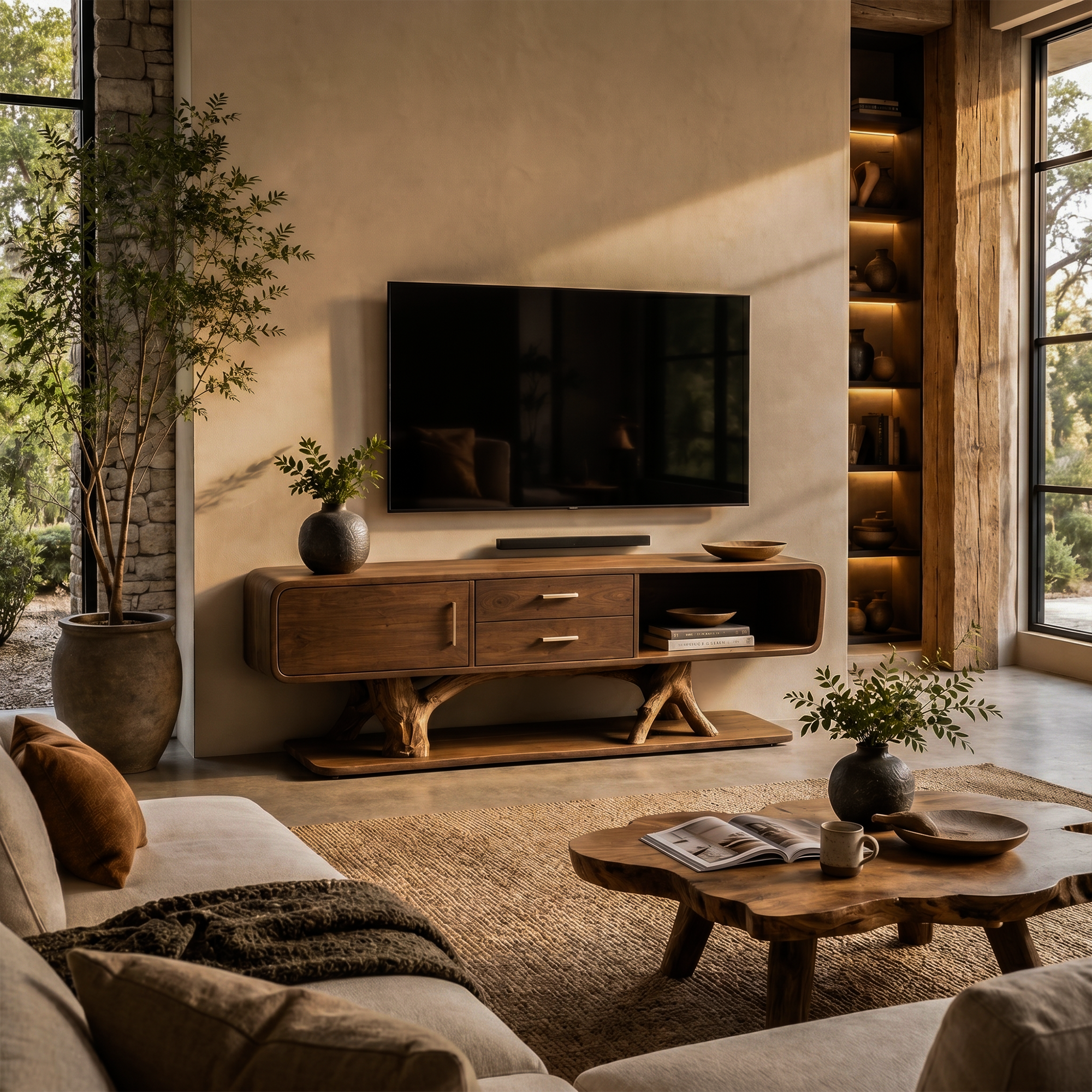 Modern Organic TV Cabinet With Built In Drawer Storage For Living Room