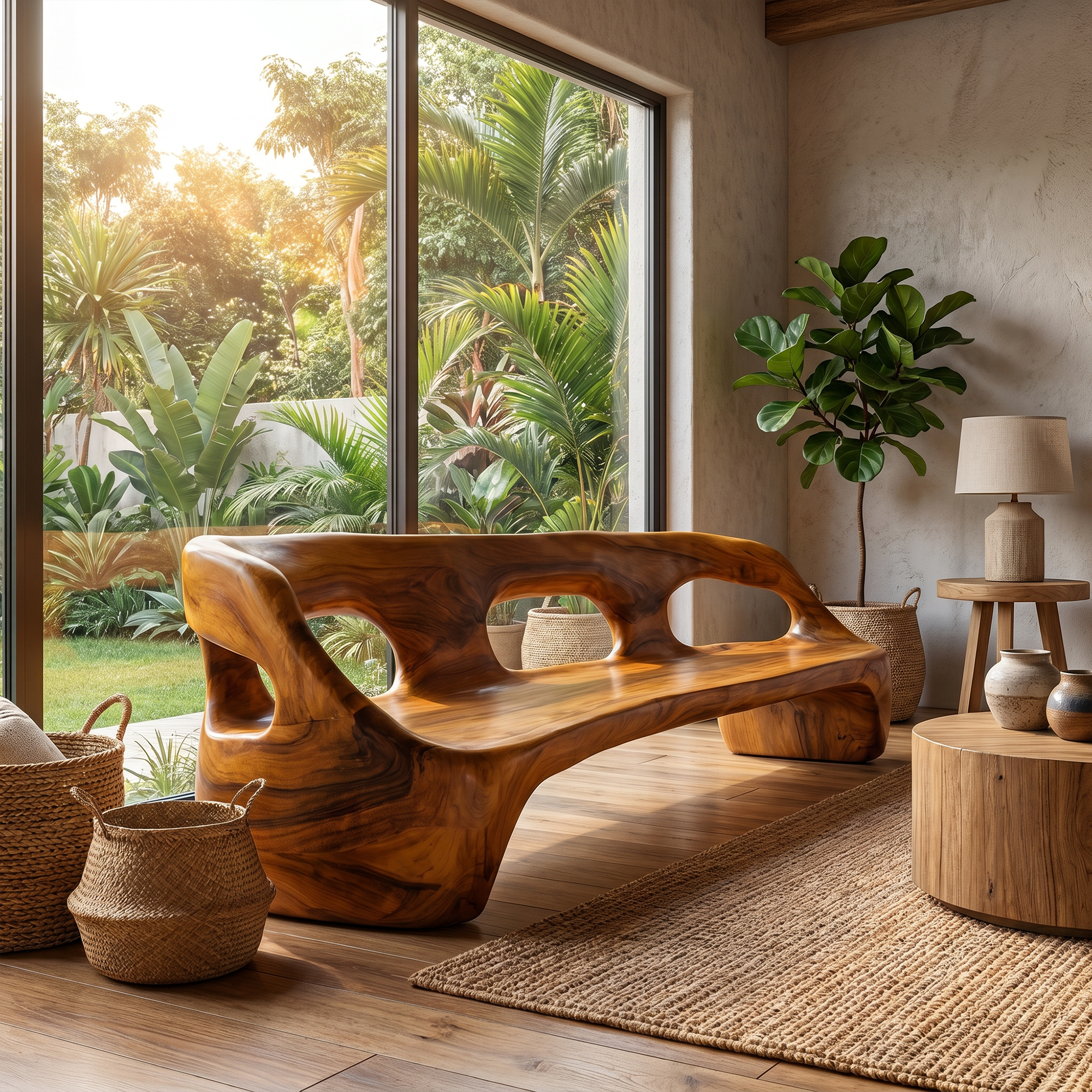 Contemporary Sculptural Sofa Frame With Curved Solid Wood Design For Living Room