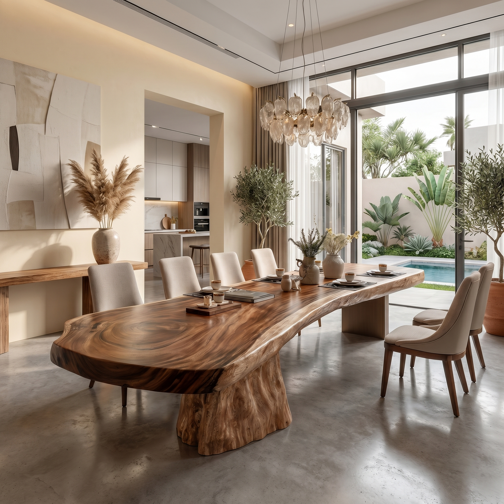 Organic Sculptural Dining Table With Live Edge Solid Wood Top And Pedestal Base For Dining Room