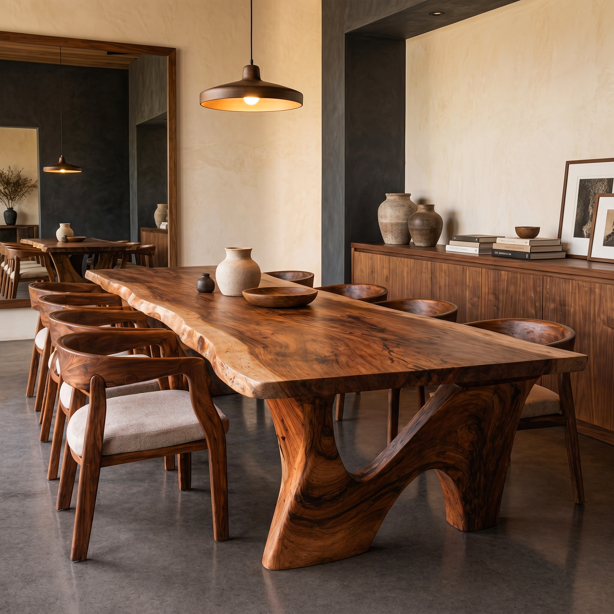 Rustic Modern Dining Table With Solid Wood Top And Sculptural Curved Base For Dining Room