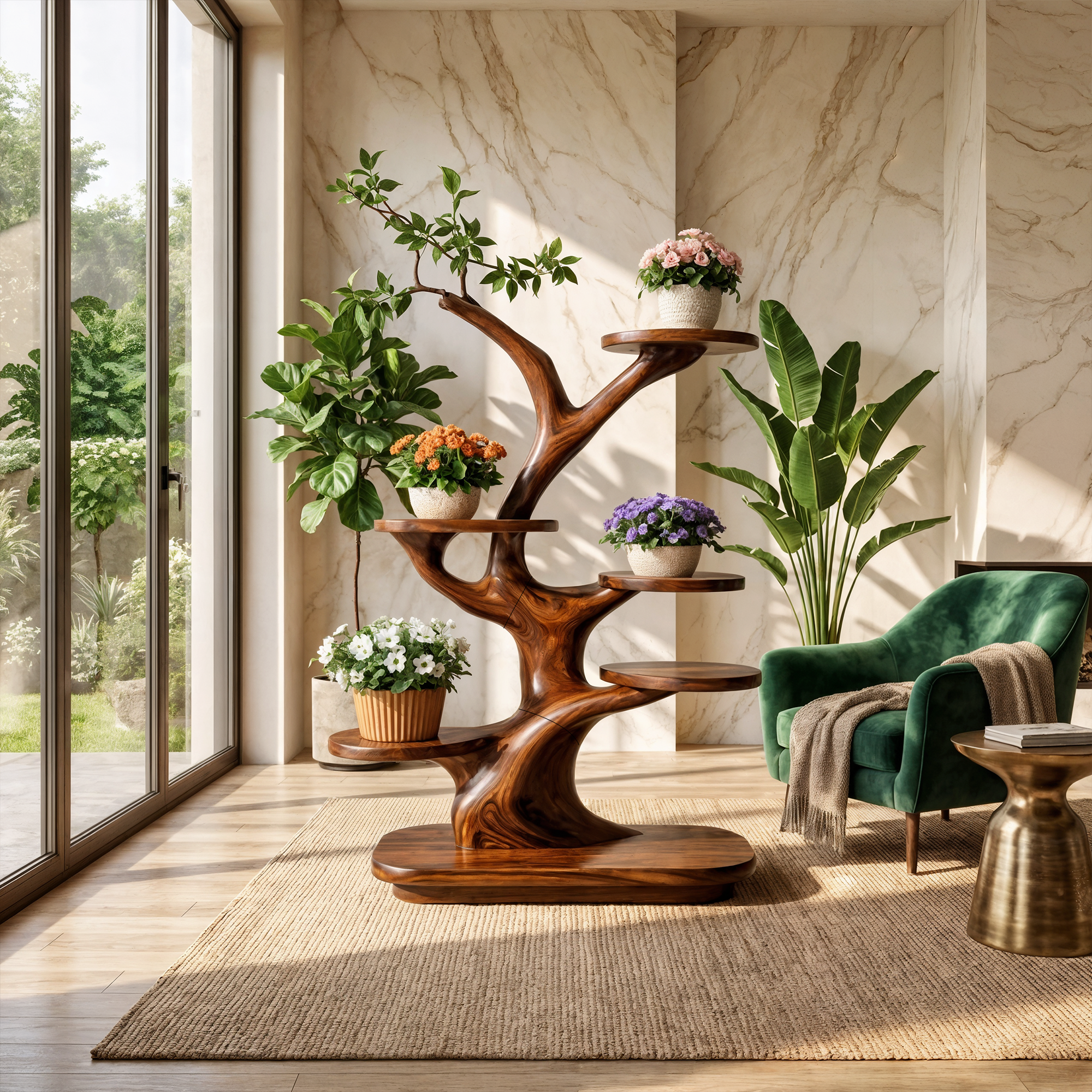 Mid Century Wooden Tree Plant Stand Home Interior