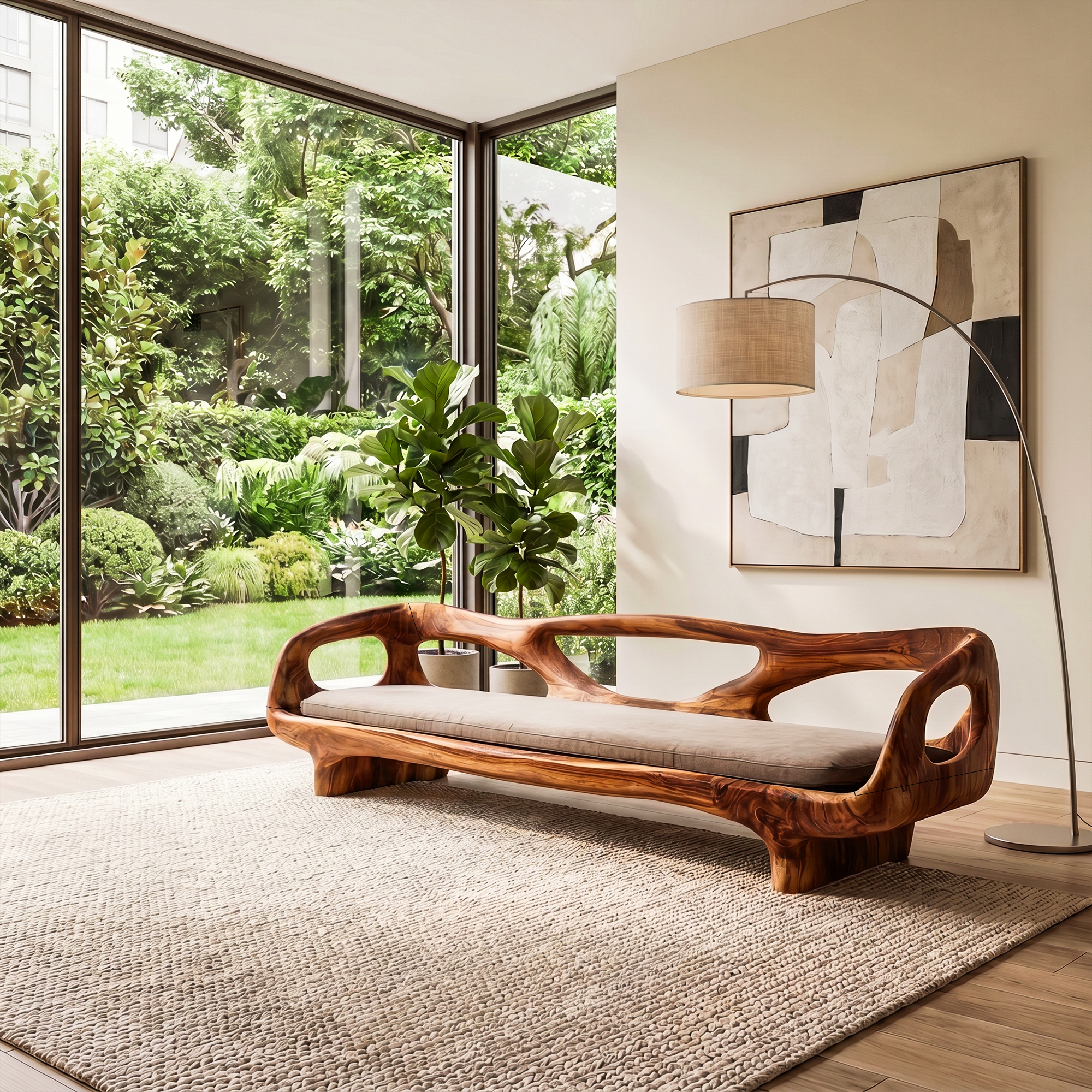 Organic Sculptural Sofa Frame With Curved Open Arm Design For Living Room