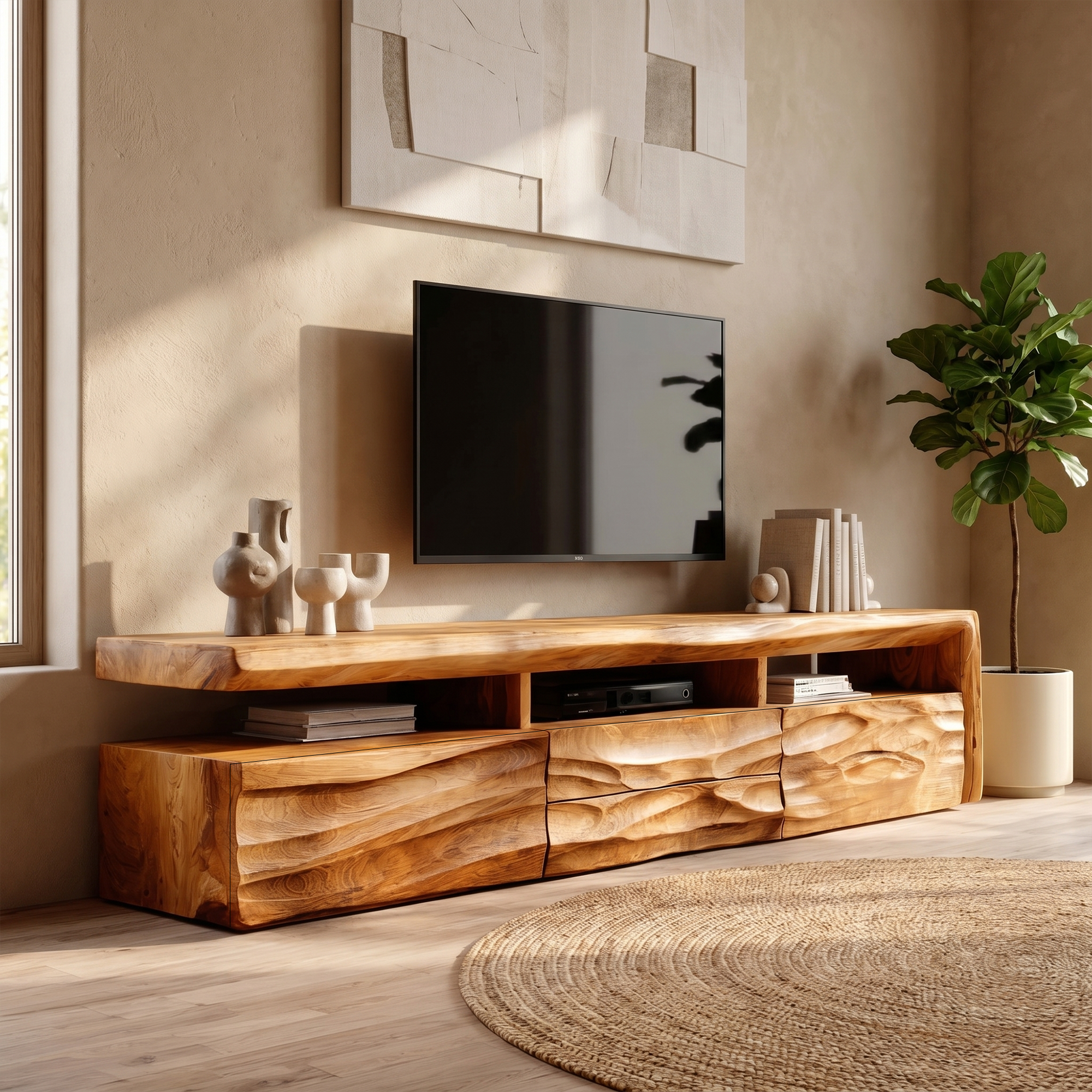 Organic TV Cabinet With Hand Carved Solid Wood Front And Open Media Storage For Living Room