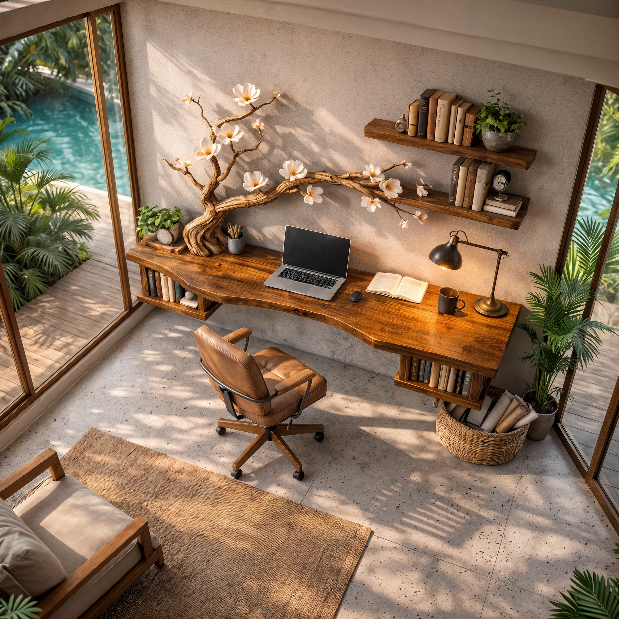 Organic Sculptural Floating Desk With Tree Branch Art For Home Office