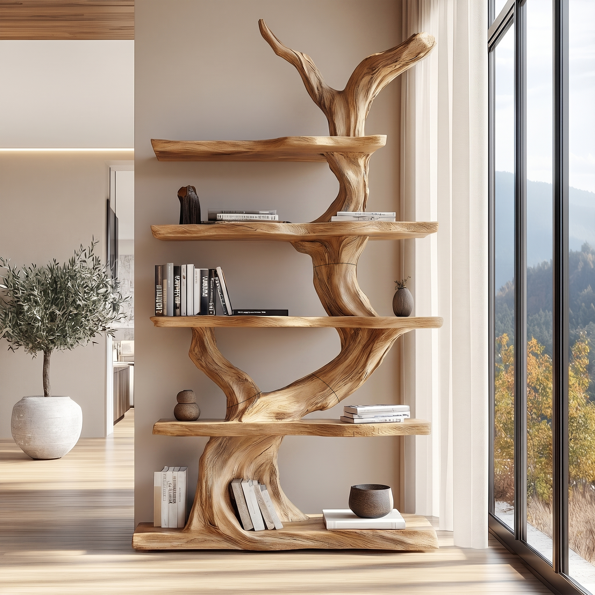 Organic Tree Bookshelf With Sculptural Branch Design And Open Display Shelves For Living Room