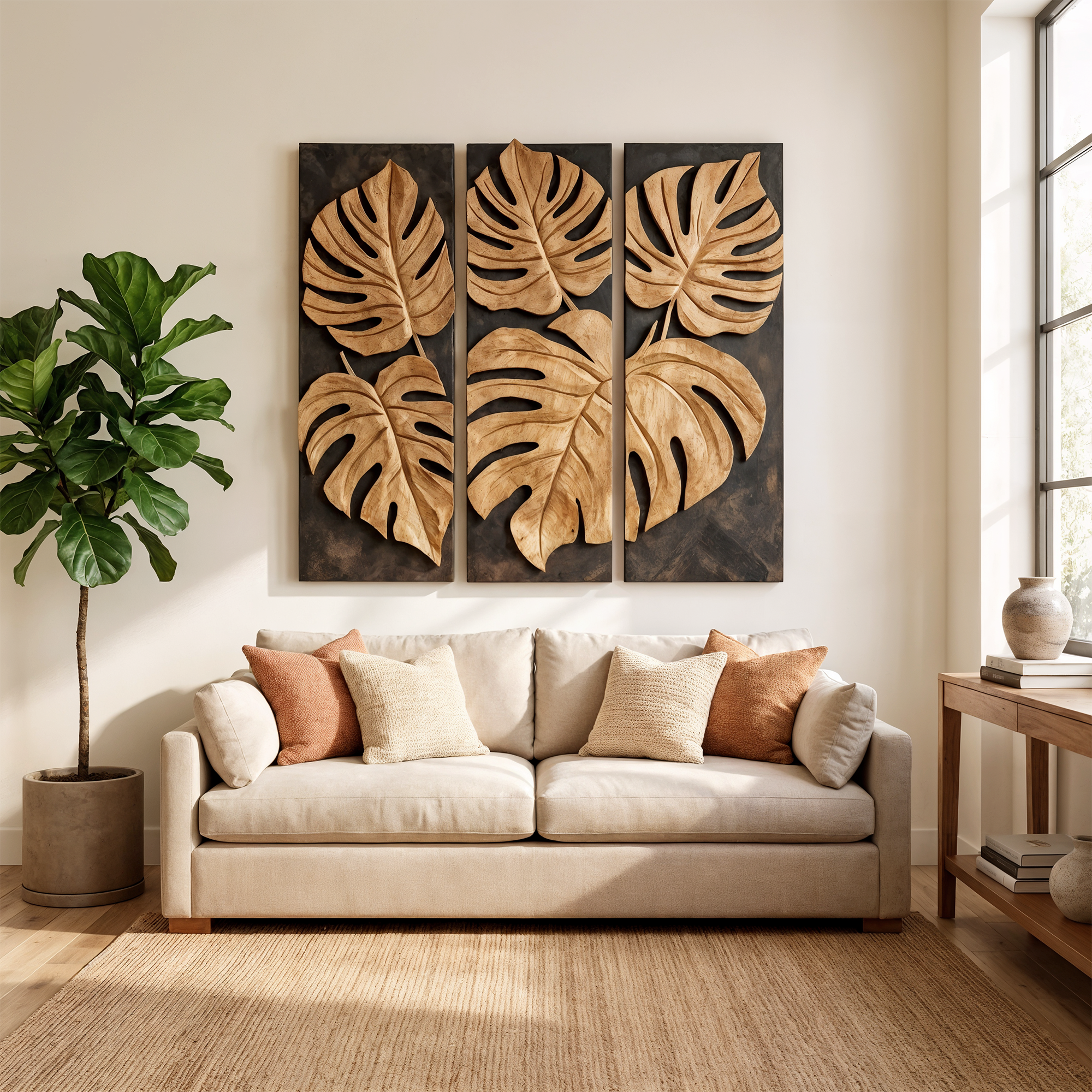 Carved Monstera Leaf Solid Wood Wall Art Triptych Statement Decor