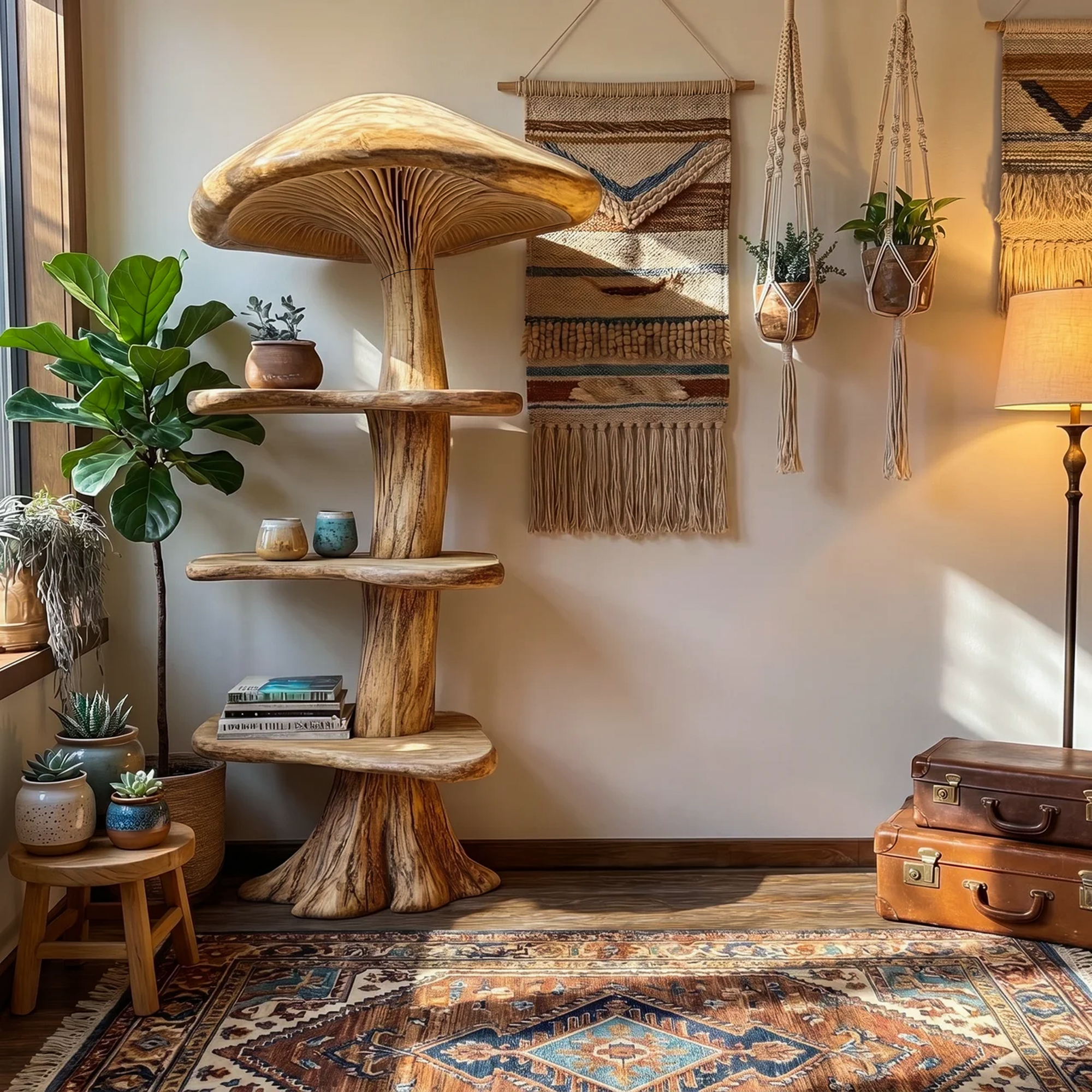 Organic Mushroom Bookshelf With Handcrafted Solid Wood Shelves For Living Room