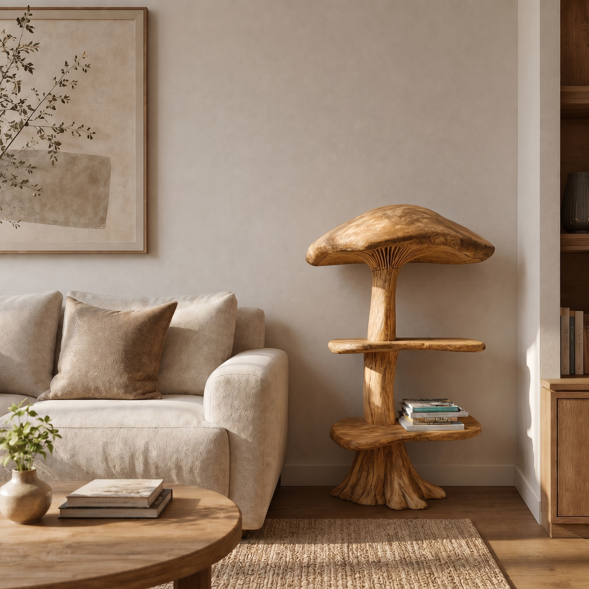 Organic Mushroom Display Bookshelf With Solid Wood Shelving For Living Room