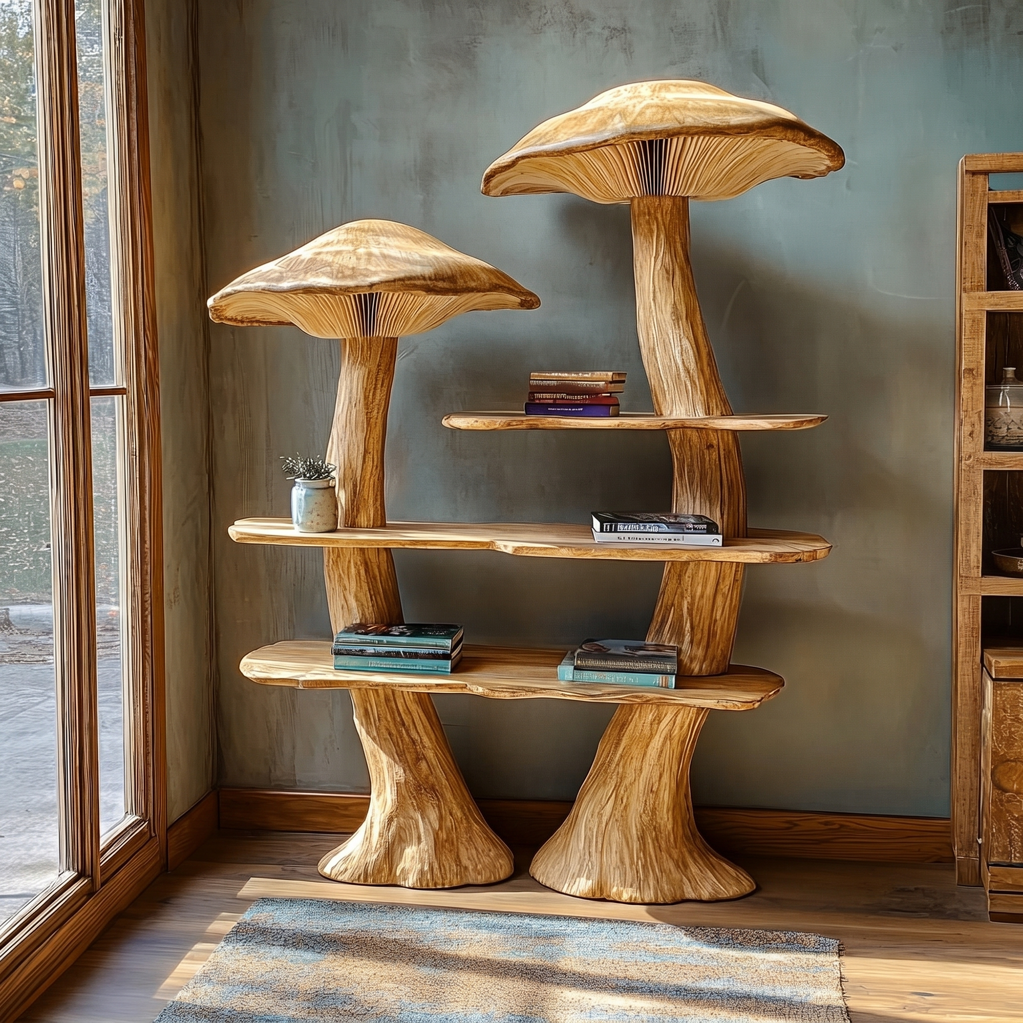 Rustic Mushroom Bookshelf With Tree Trunk Base And Solid Wood Shelves For Living Room