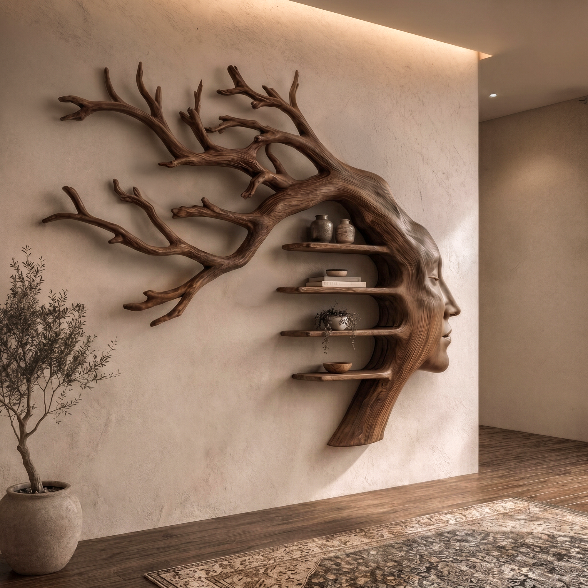 Rustic Tree Branch Wooden Wall Art With Floating Shelves For Living Room And Entryway
