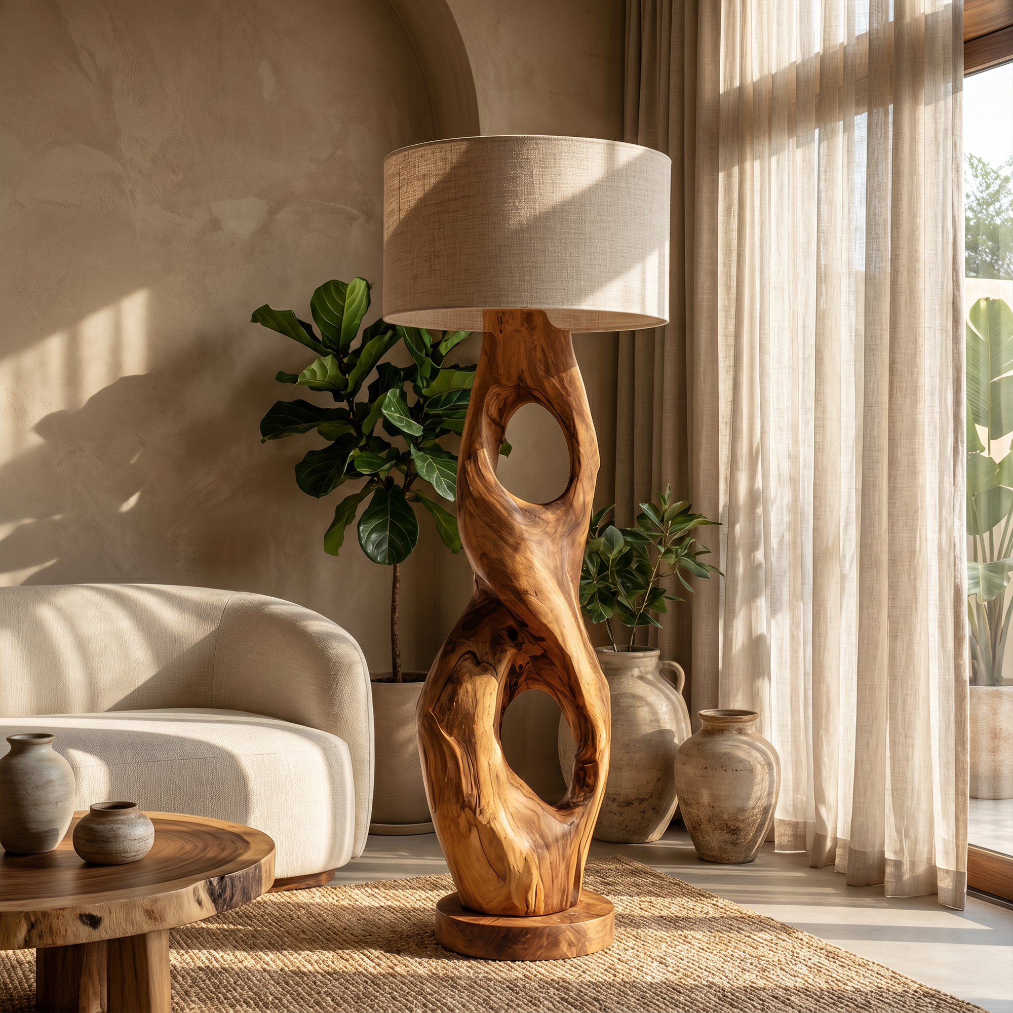 Rustic Floor Lamp With Handcrafted Hollow Wood Sculpture Base For Living Room