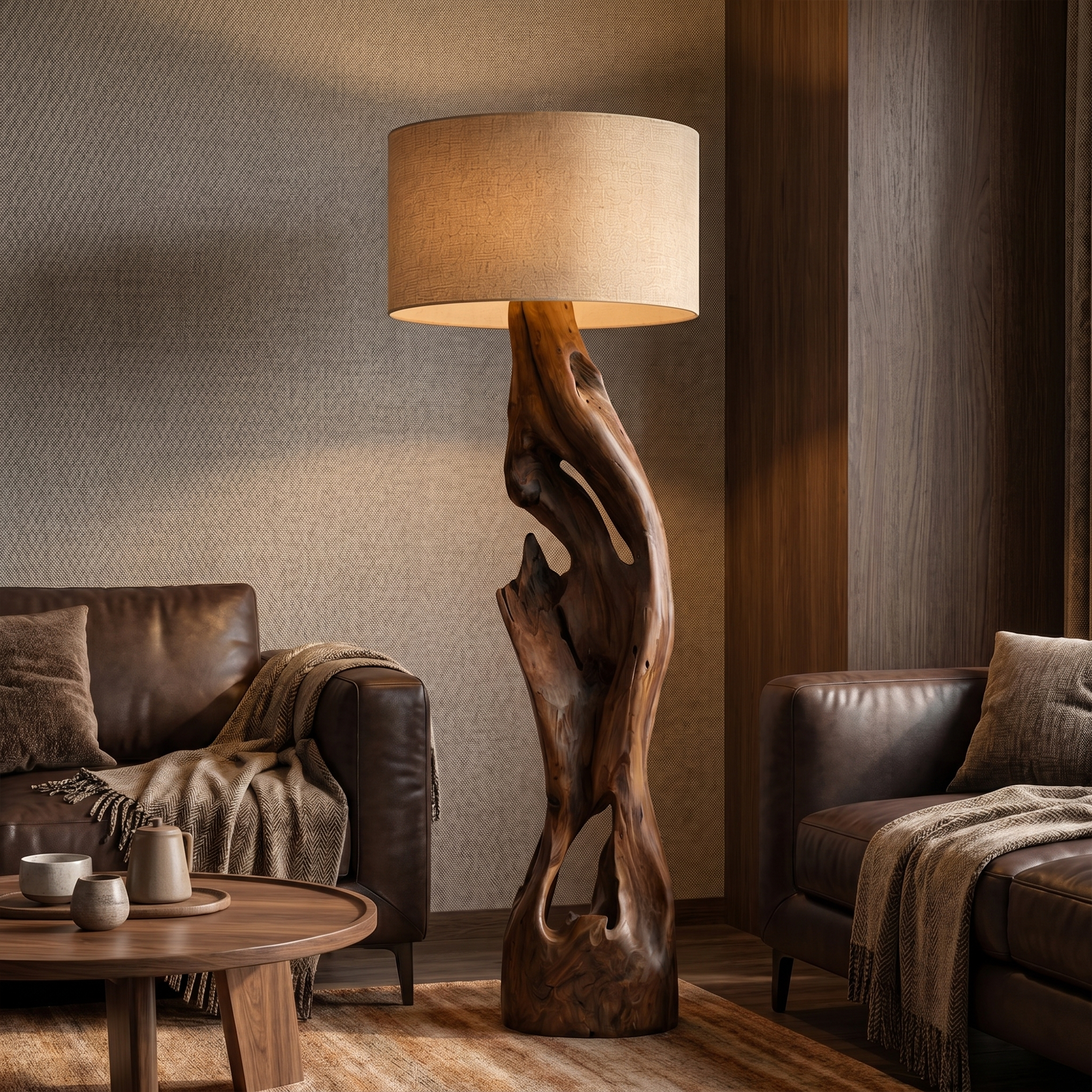 Sculptural Floor Lamp With Solid Wood Open Form Design For Living Room