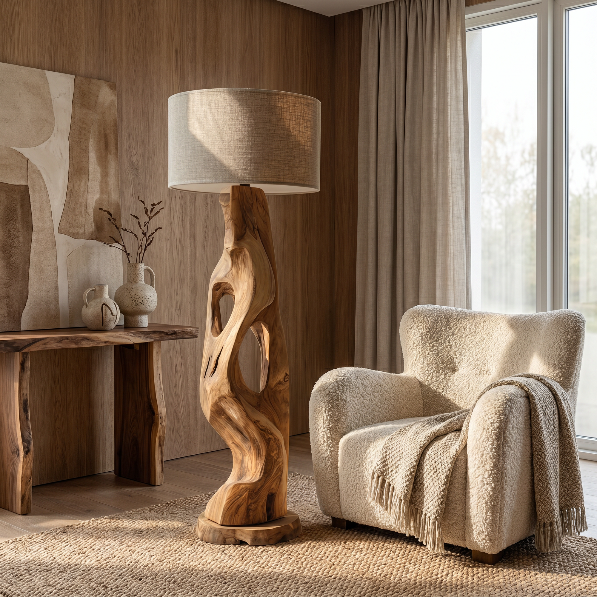 Organic Modern Standing Lamp With Artistic Solid Wood Base For Living Room