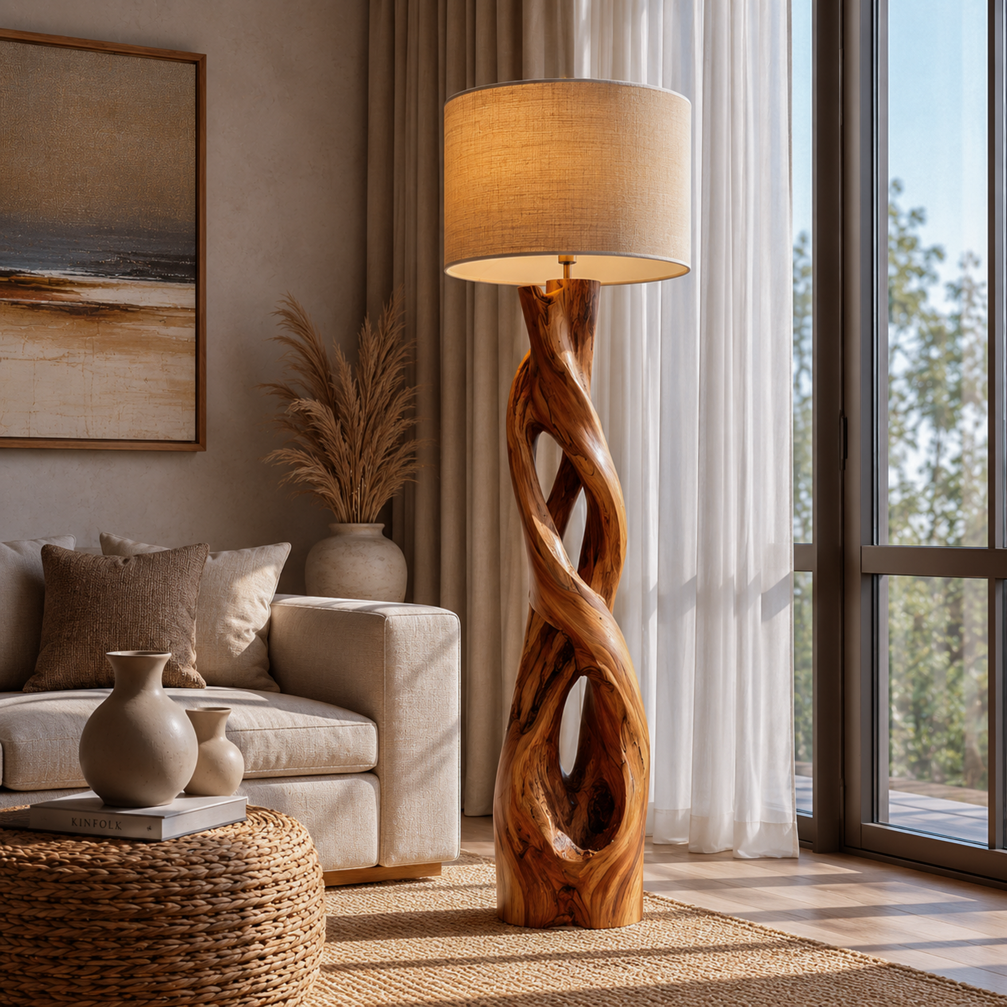 Nature Inspired Floor Lamp With Sculptural Wood Form And Fabric Shade For Living Room
