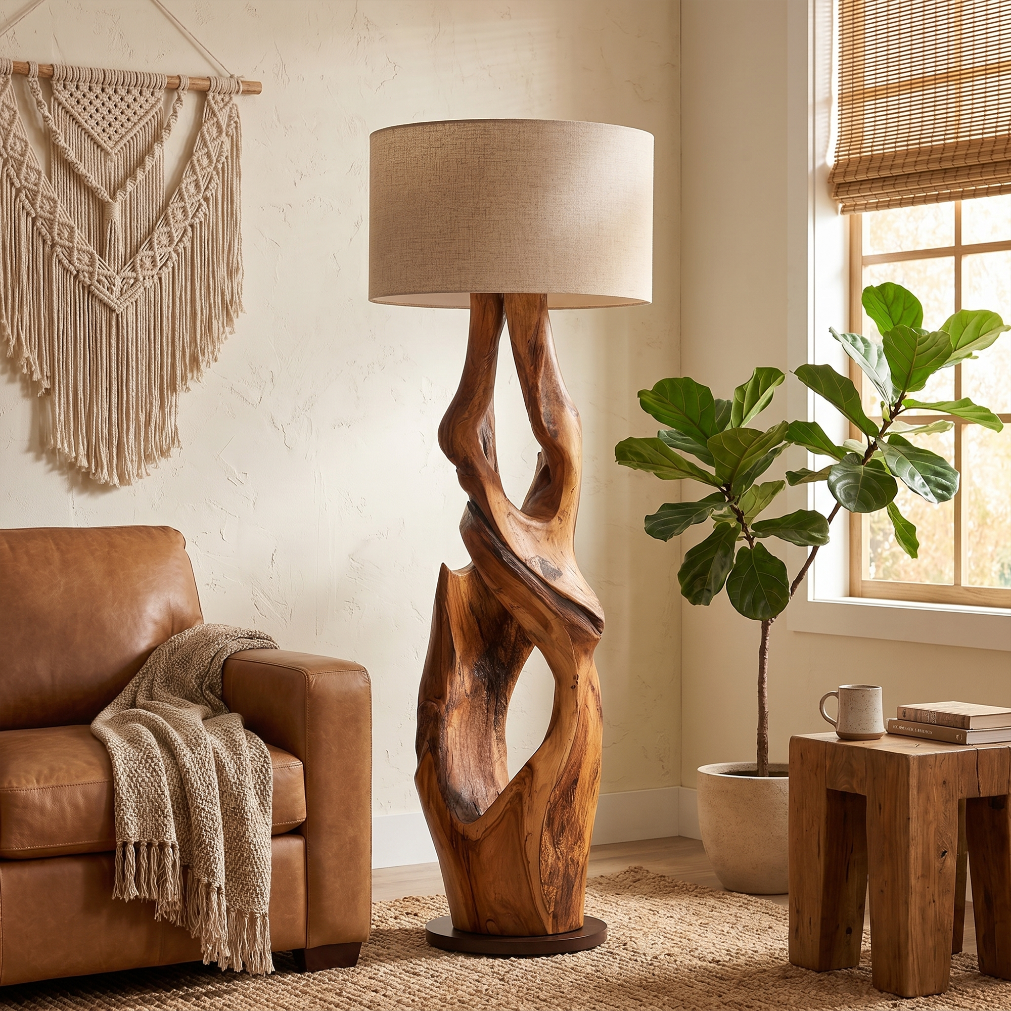 Contemporary Organic Floor Lamp With Artistic Hollow Wood Structure For Living Room