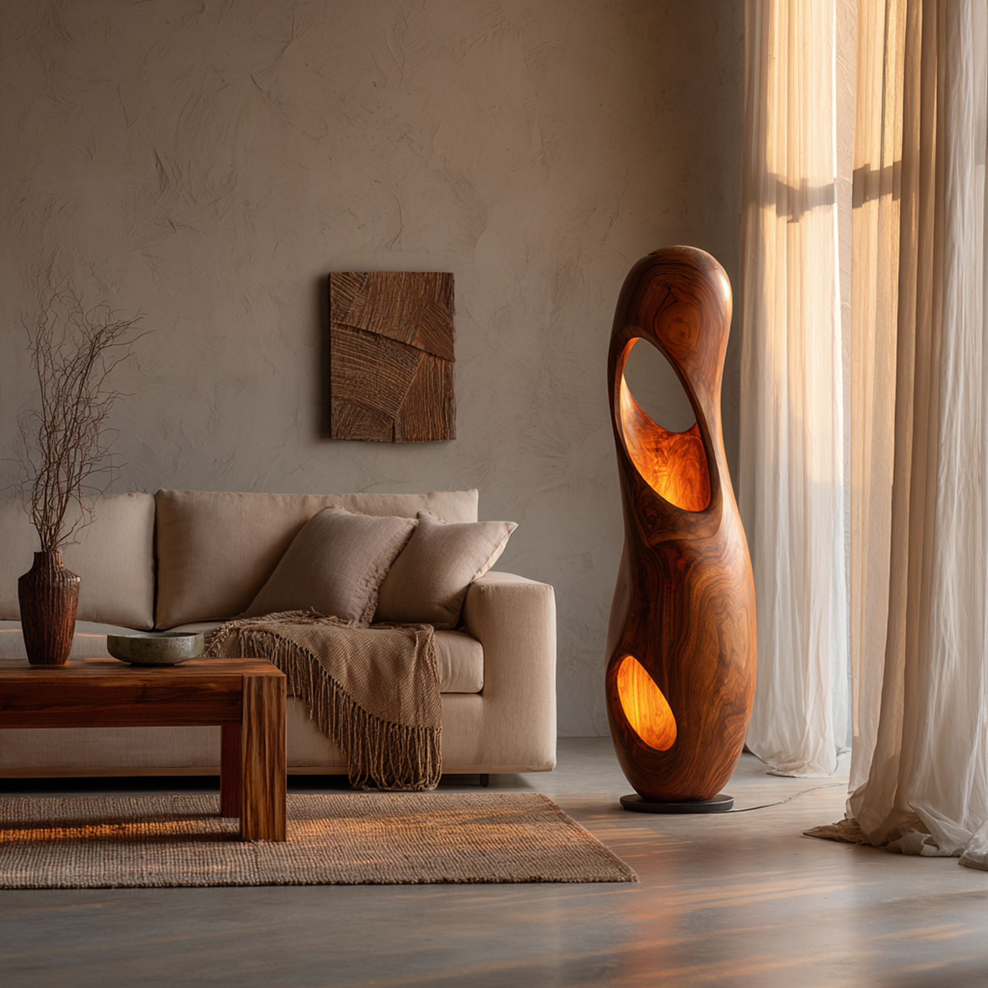 Organic Floor Lamp With Sculptural Hollow Wood Tower Design For Living Room