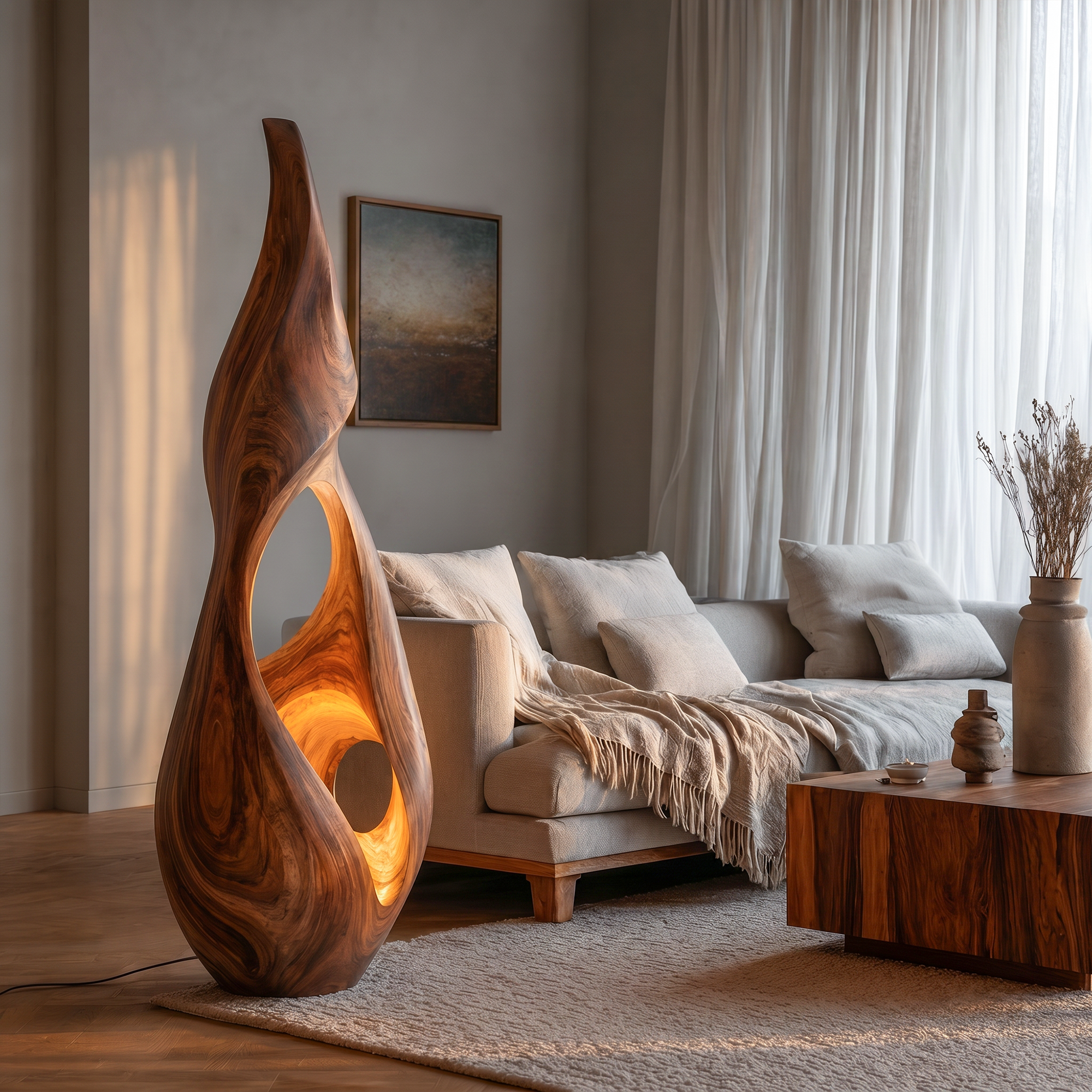 Nature Inspired Floor Lamp With Sculptural Solid Wood Form For Living Room
