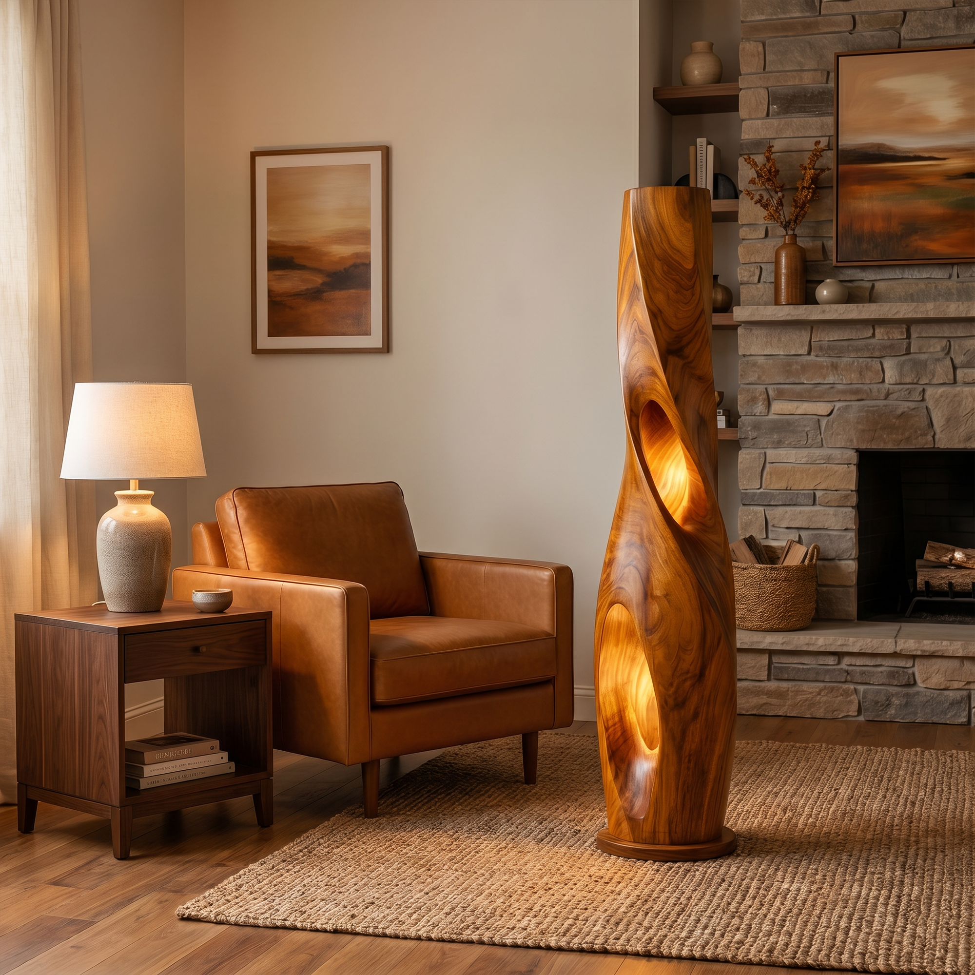 Modern Sculptural Floor Lamp With Hollow Solid Wood Design For Living Room