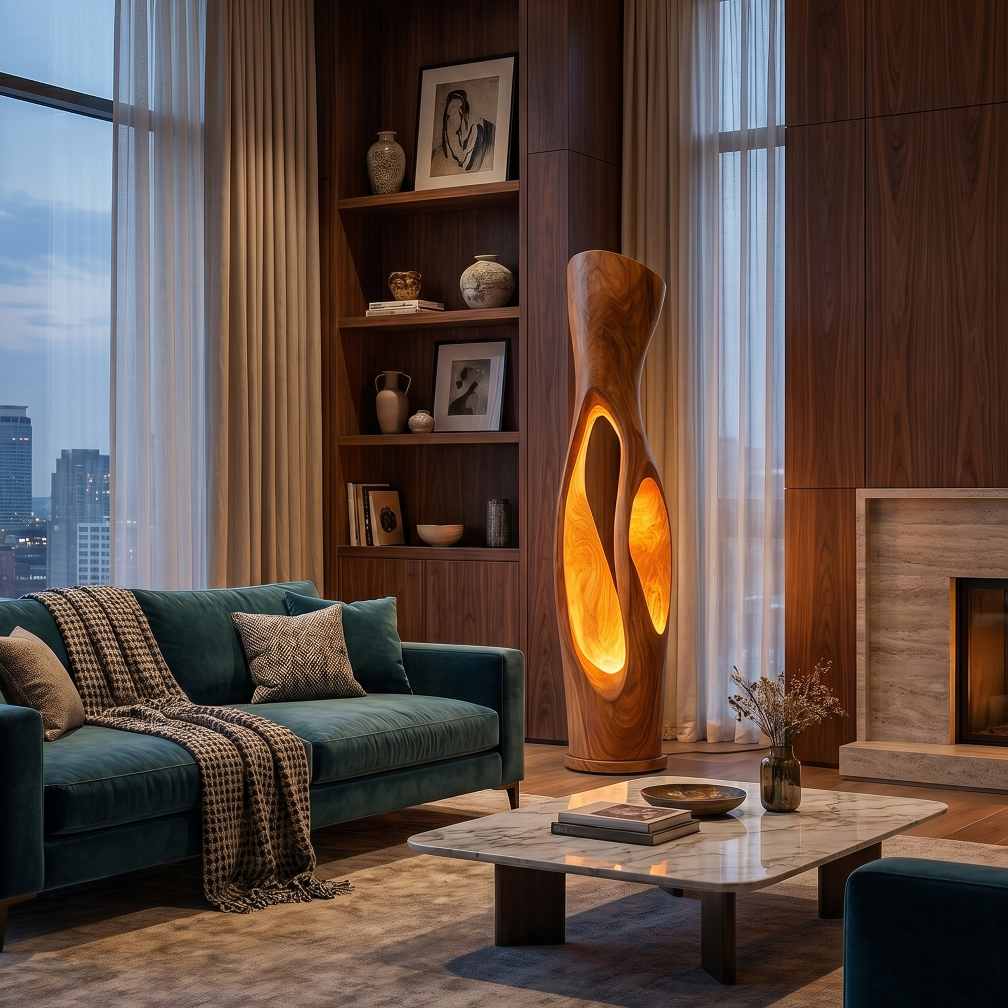 Modern Organic Floor Lamp With Illuminated Hollow Wood Design For Living Room