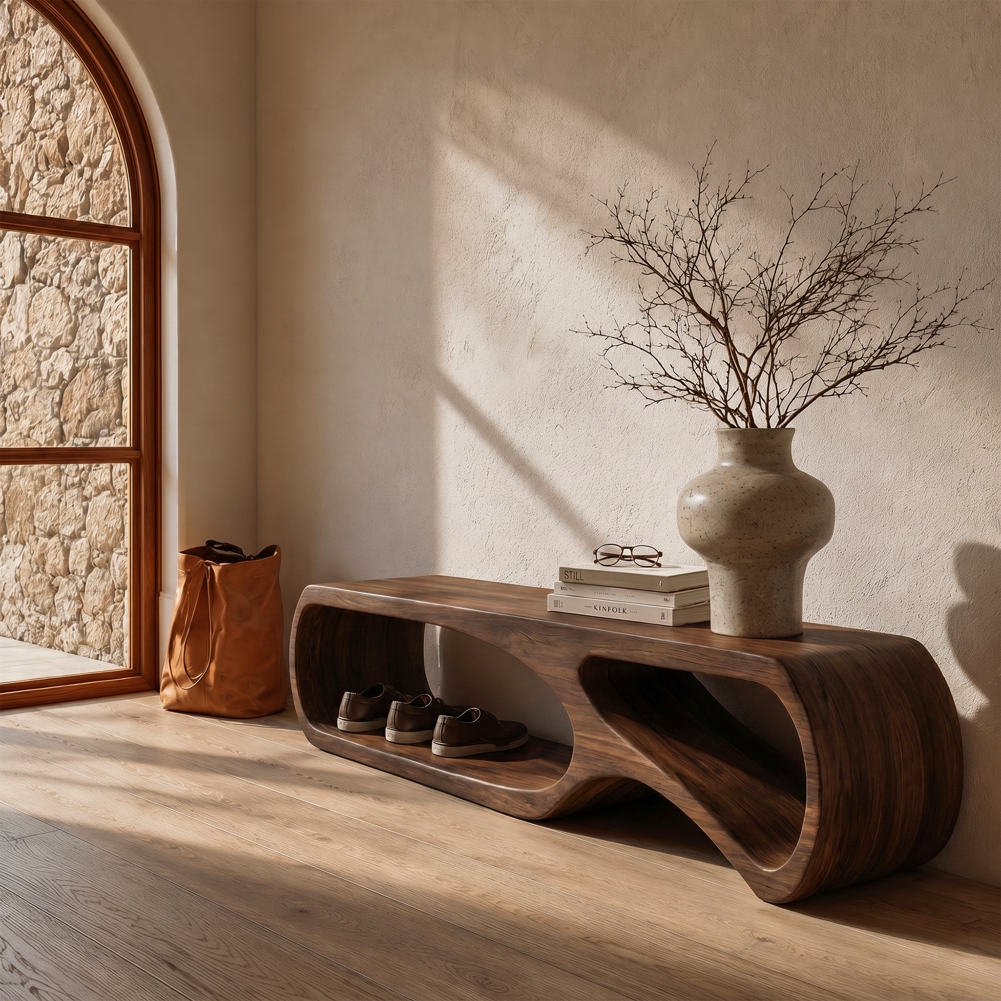 Sculptural Bench With Curved Open Storage Base For Entryway