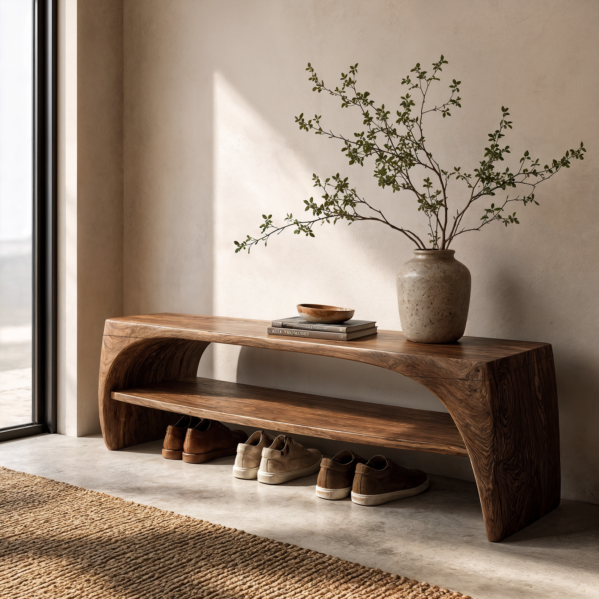 Rustic Live Edge Bench With Open Shoe Storage Shelf For Entryway