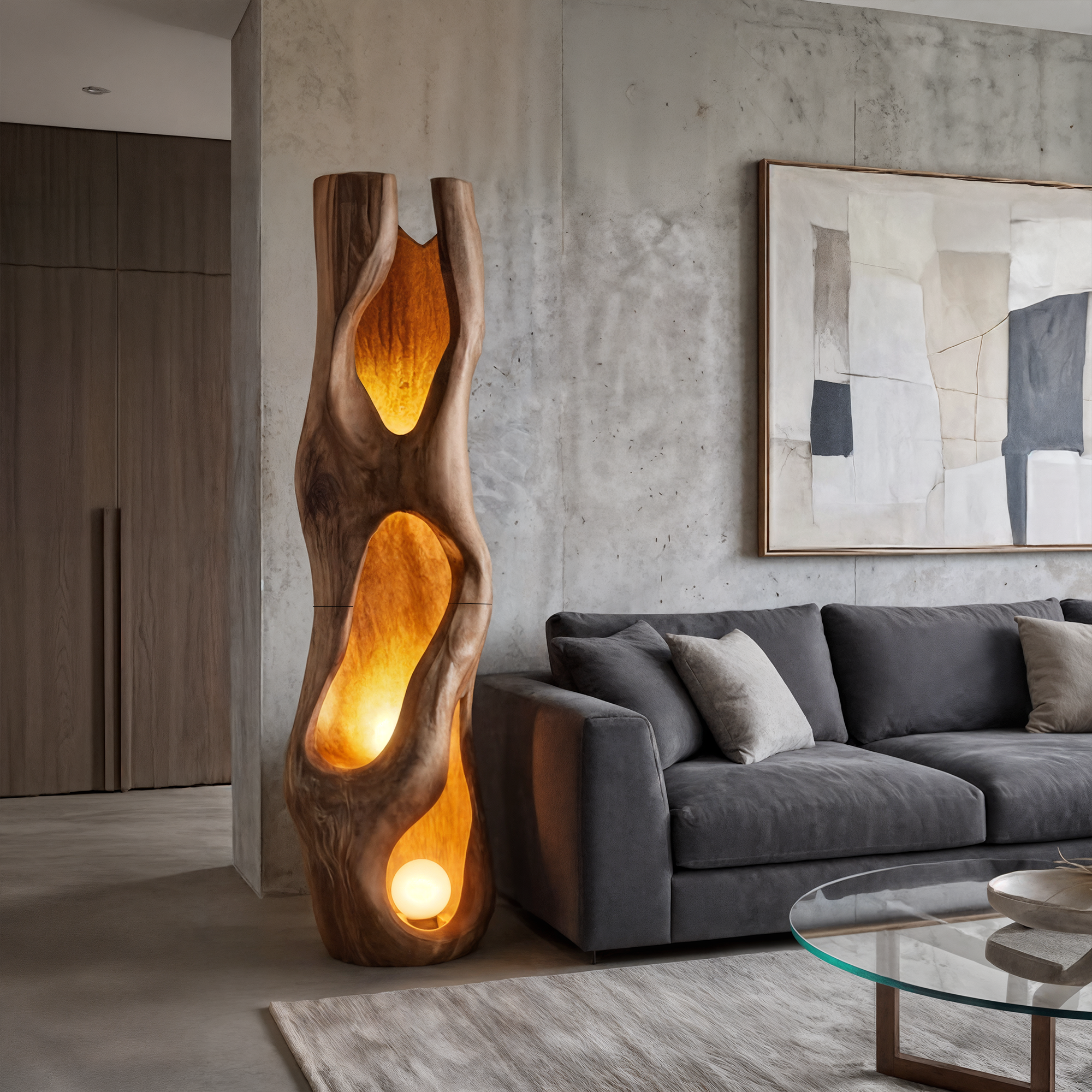 Nature Inspired Floor Lamp Carved Wood Sculpture For Living Room