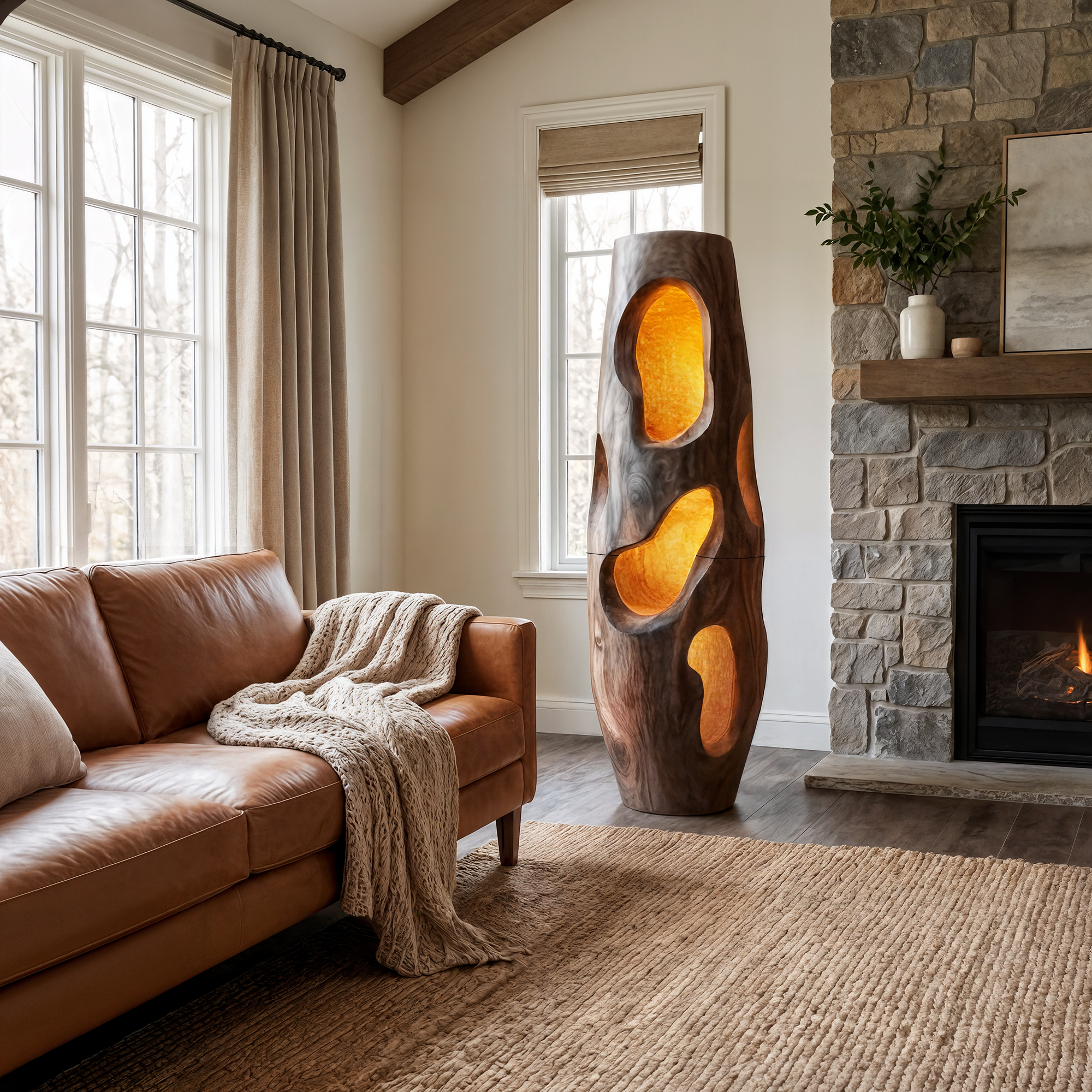 Sculptural Floor Lamp Natural Wood Form For Living Room