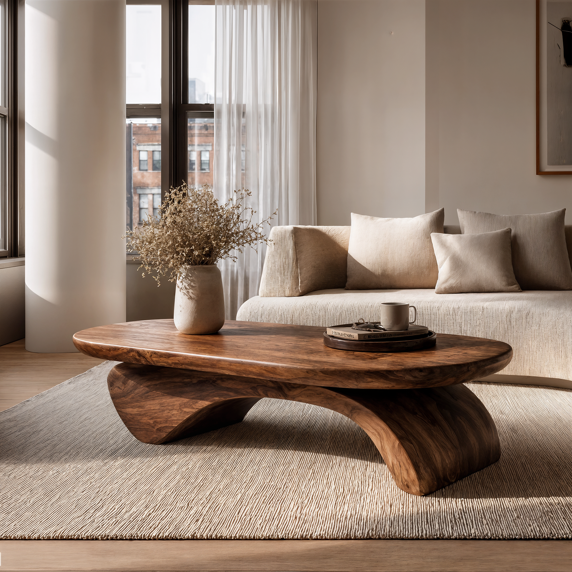 Rustic Live Edge Coffee Table With Artistic Curved Wood Pedestal For Living Room