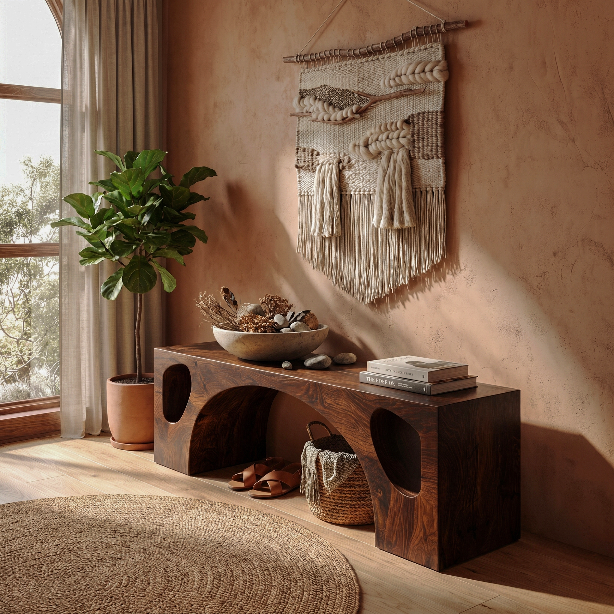 Modern Organic Bench With Sculptural Arch Base For Entryway