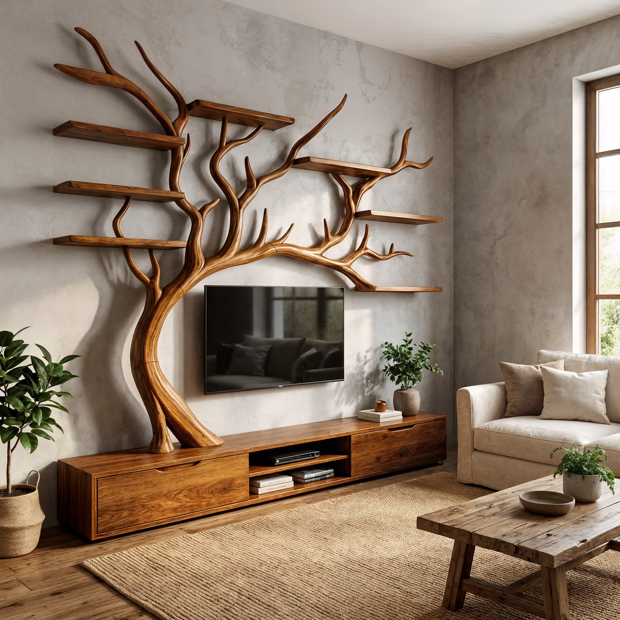 Nature Inspired Tree TV Wall Shelf For Living Room Media Storage And Decor