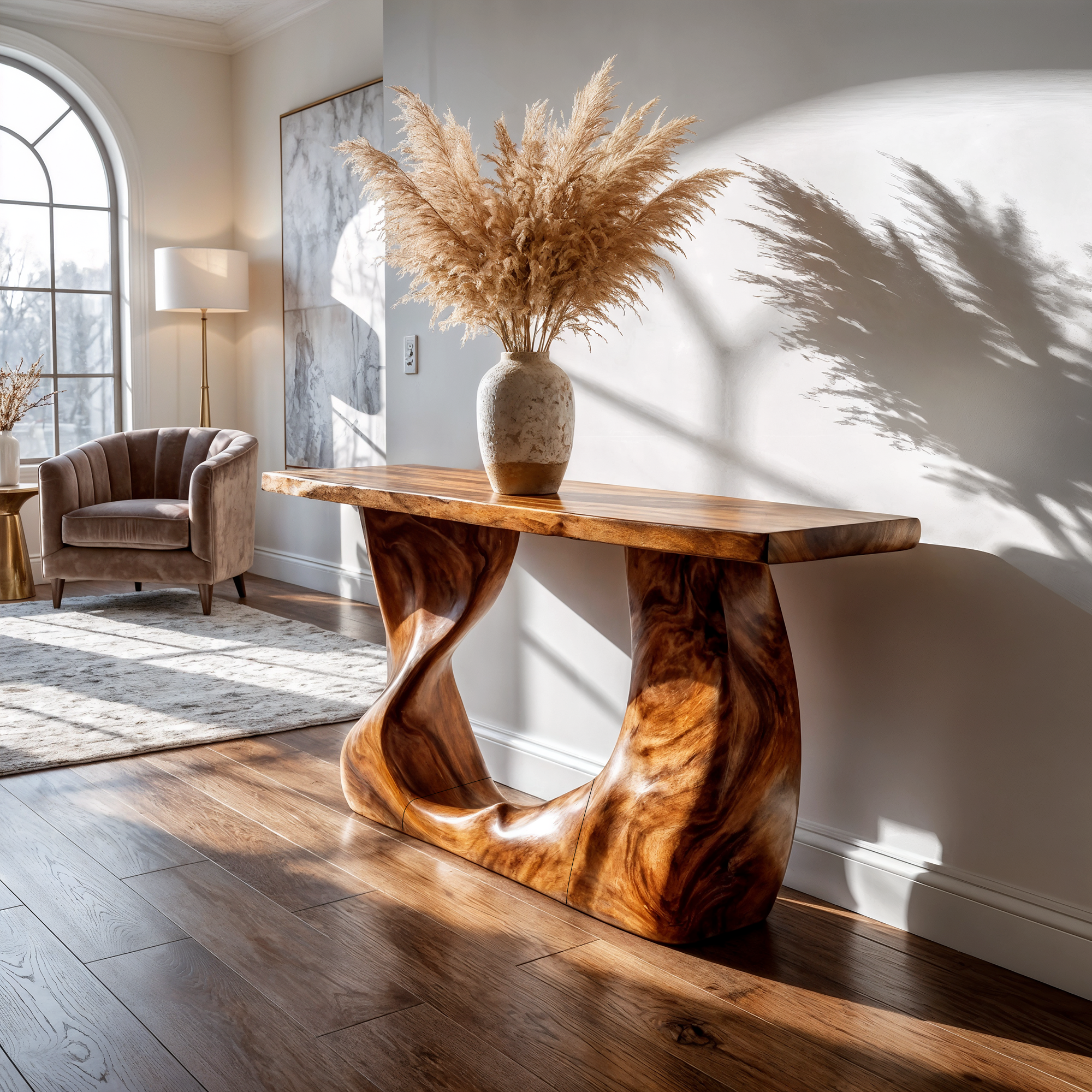 Rustic Modern Console Wavy Carved Wood Entry Hall