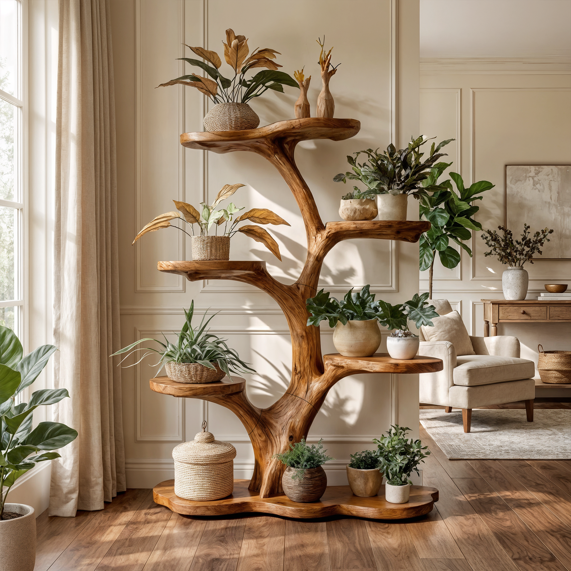 Rustic Tree Plant Shelf Indoor Green Display Living Room