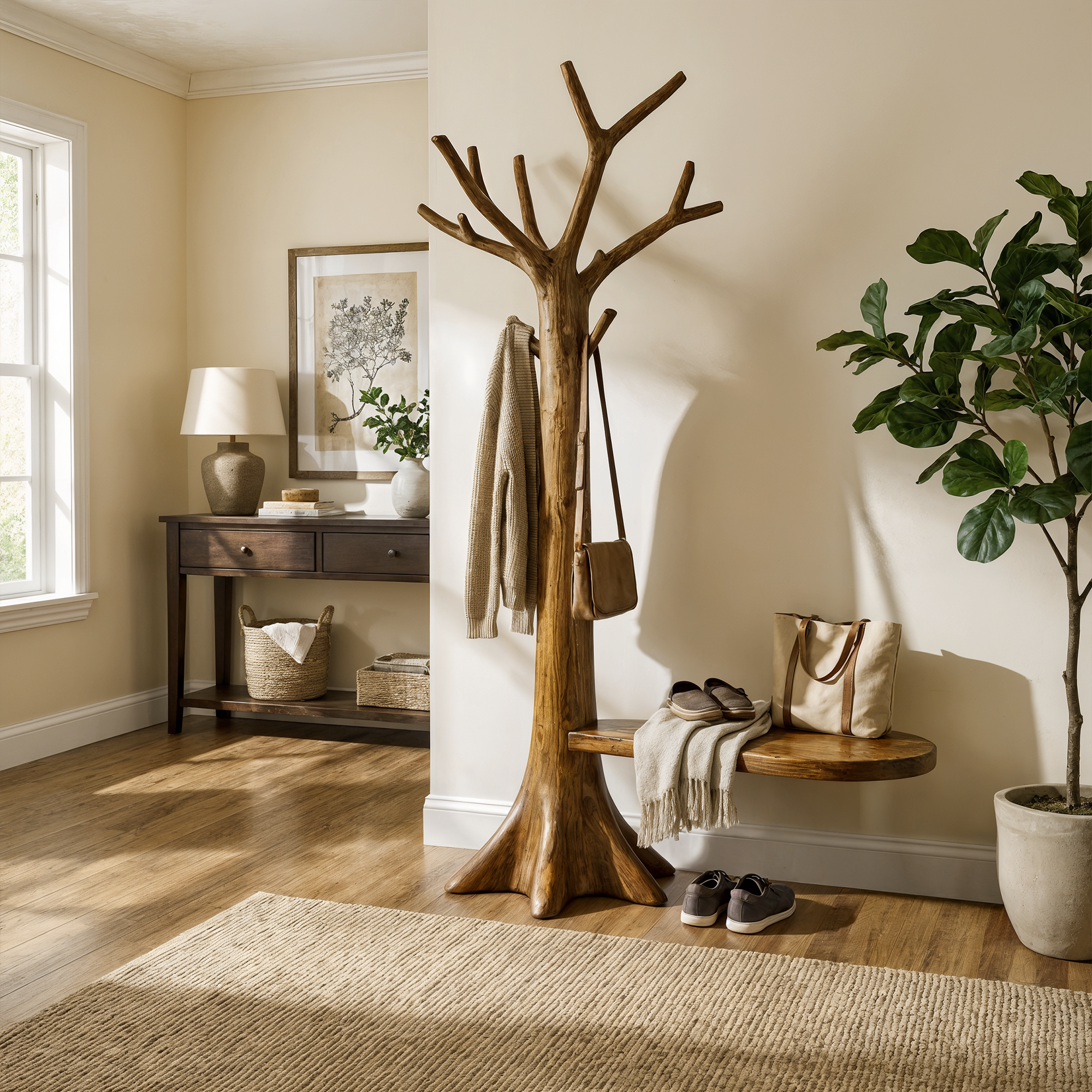 Sculptural Tree Coat Rack Solid Wood Entryway Interior Statement Decor