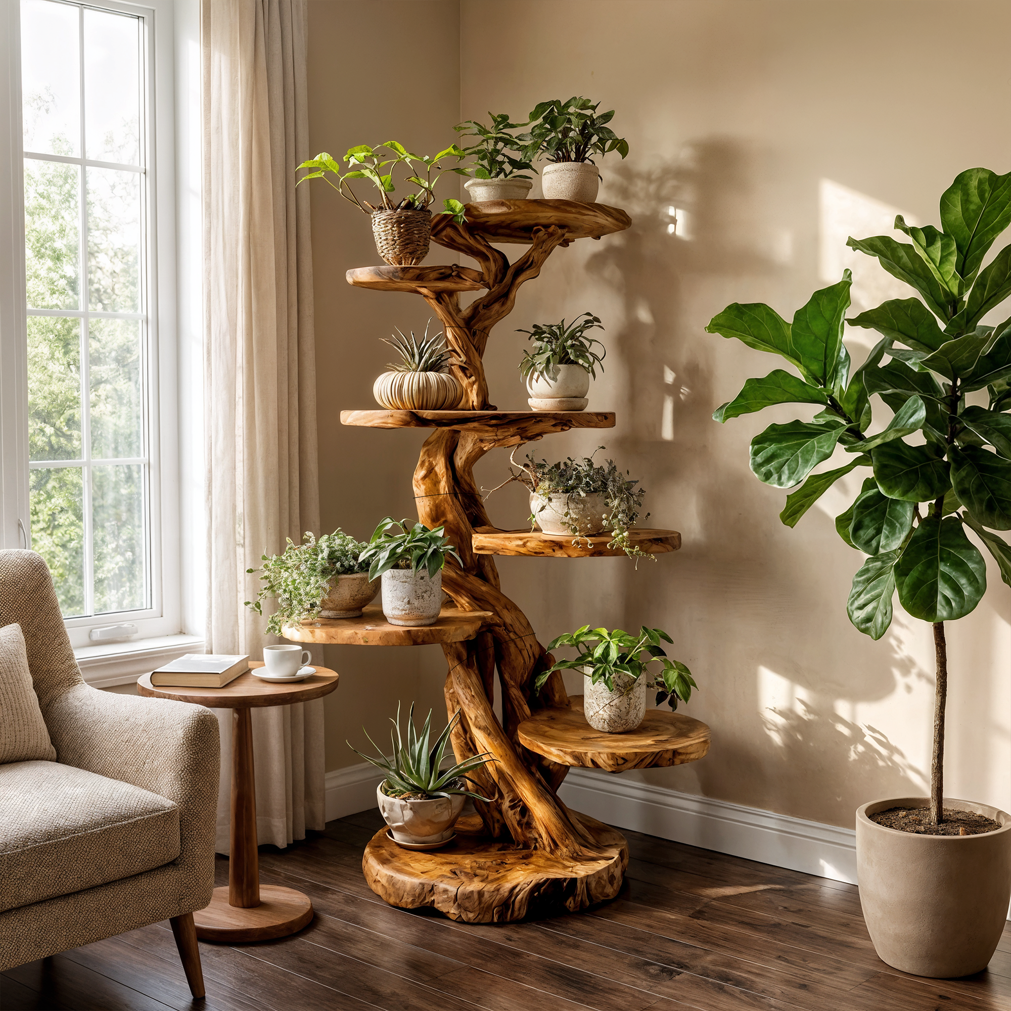 Rustic Tree Plant Shelf Natural Interior Design Home Decor