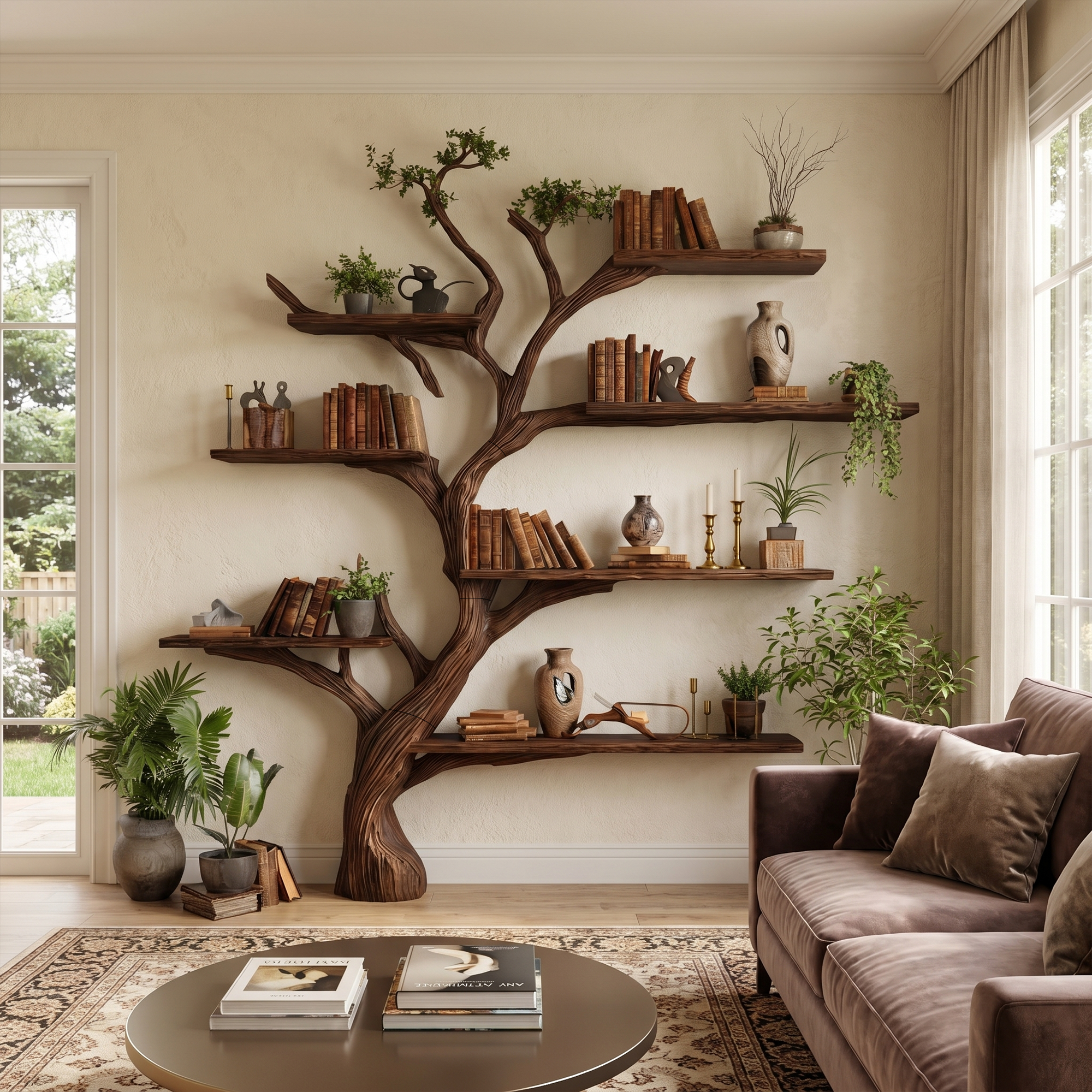 Rustic Handcrafted Tree Bookshelf For Living Room