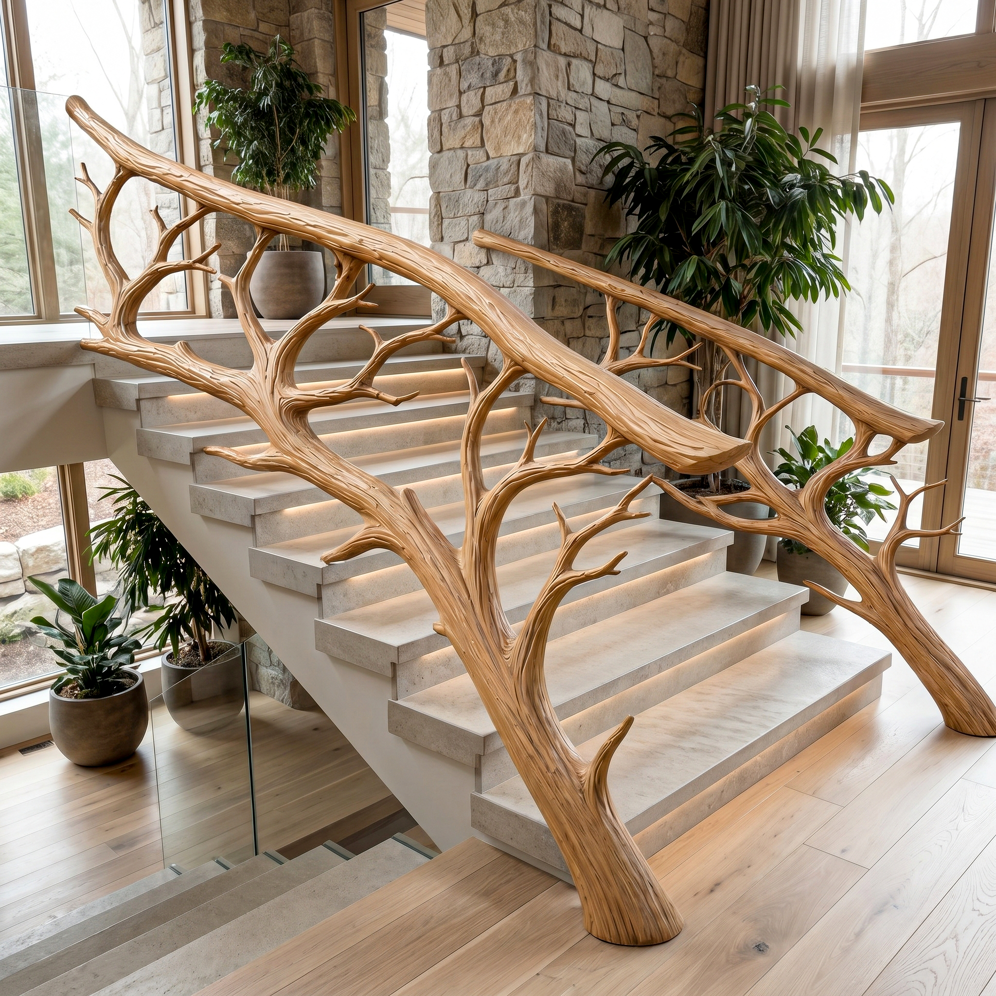 Rustic Tree Branch Stair Railing With Organic Wood Design For Interior Staircase