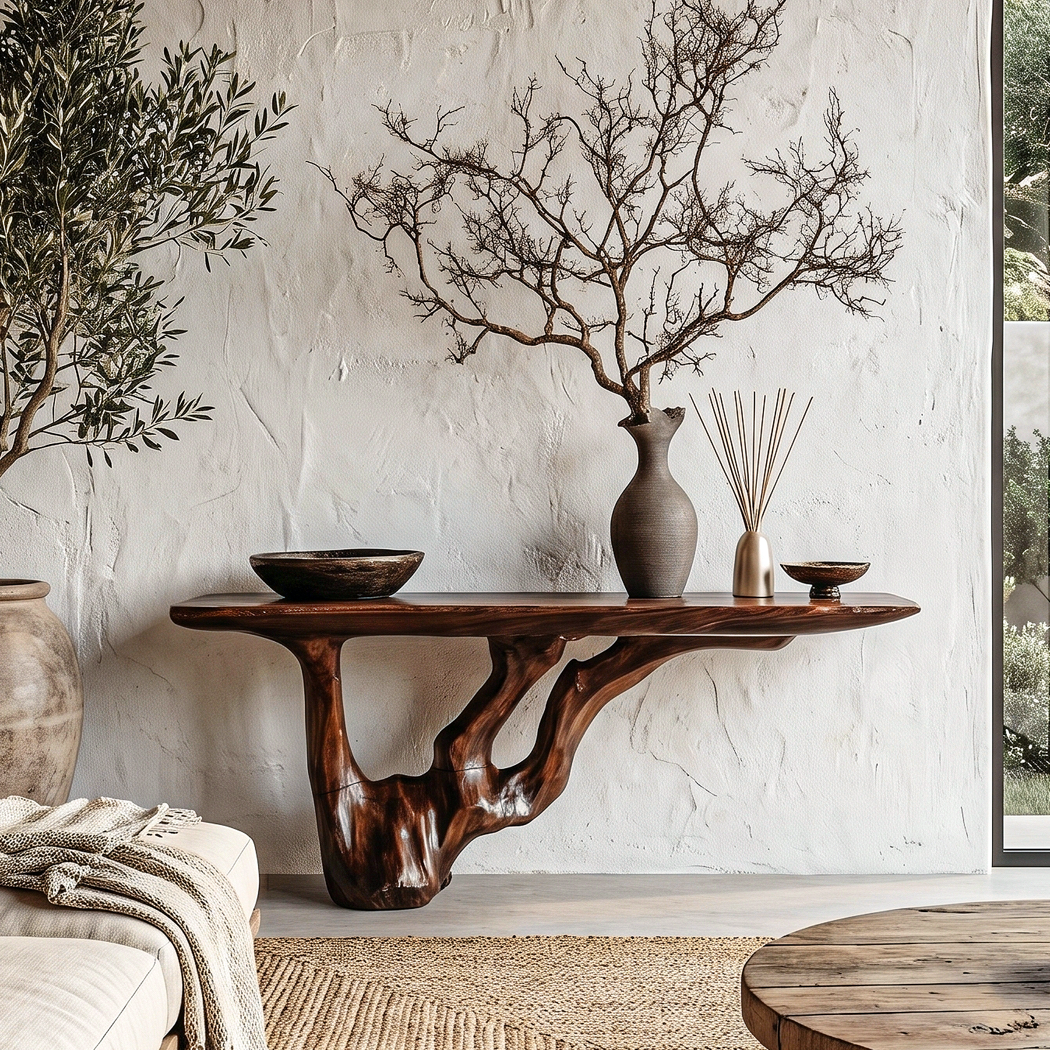 Rustic Console Table With Handcrafted Tree Root Base For Entryway And Living Room