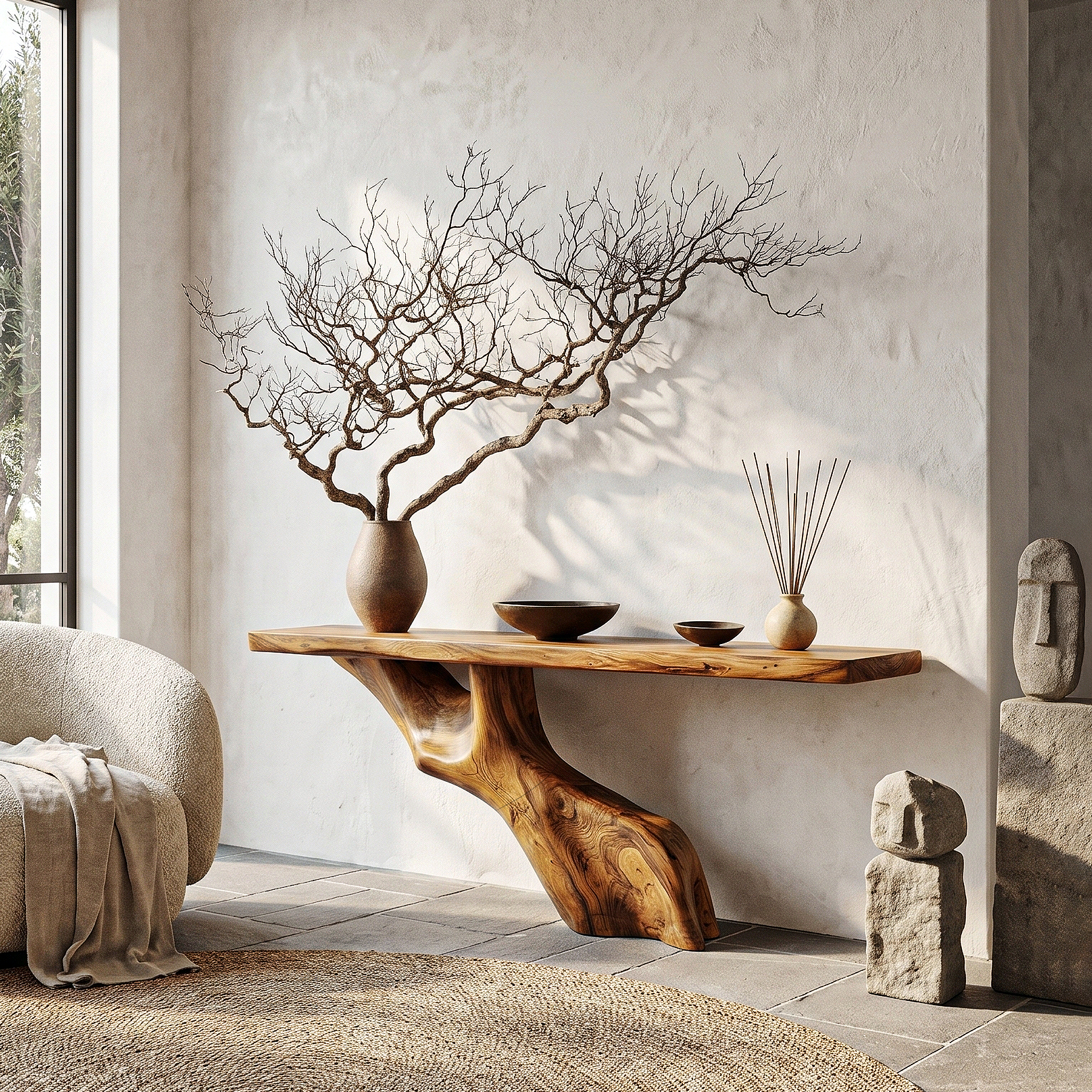 Tree Inspired Console Table With Live Edge Top And Root Base For Hallway