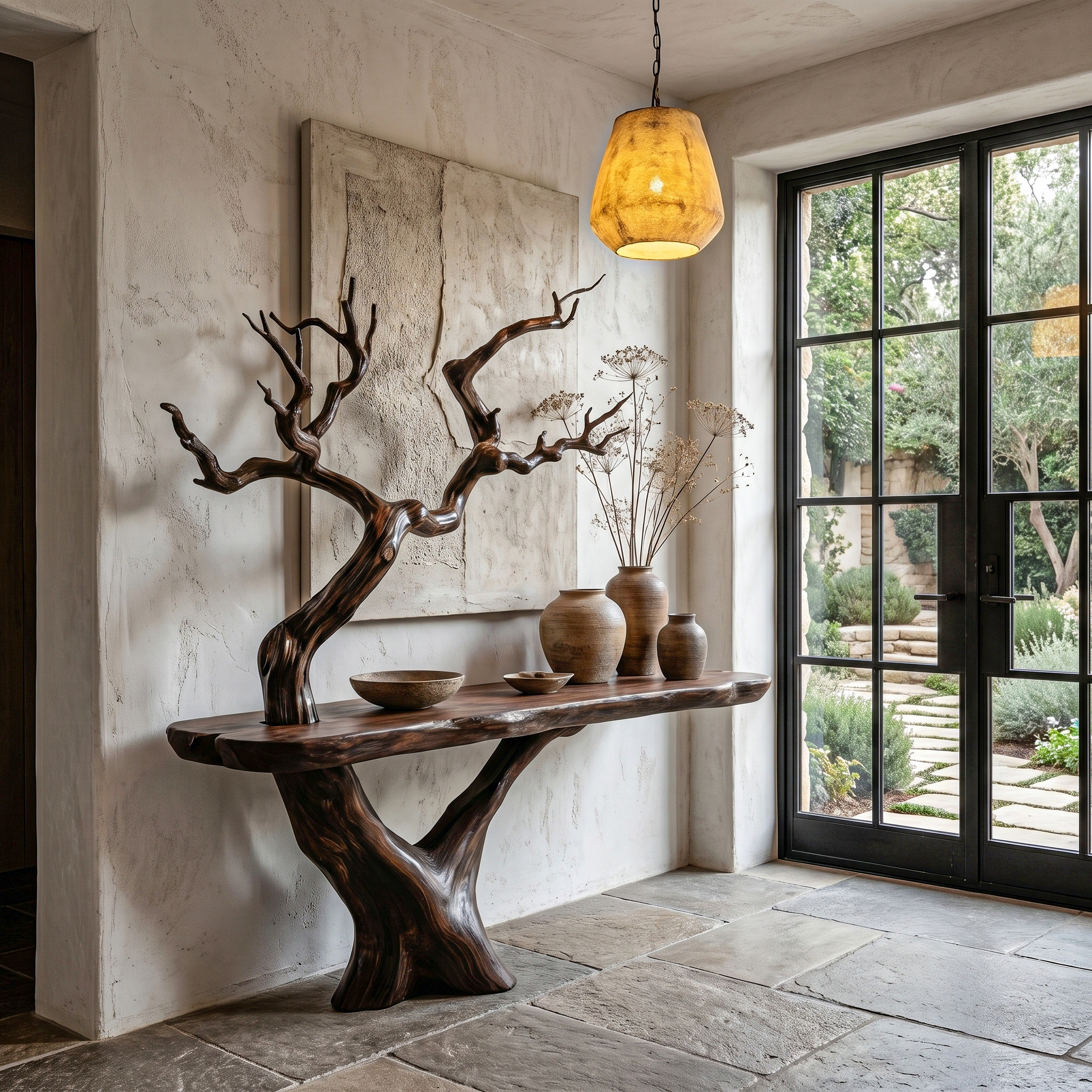 Rustic Console Table With Sculptural Tree Branch Base And Live Edge Wood Top For Entryway And Living Room
