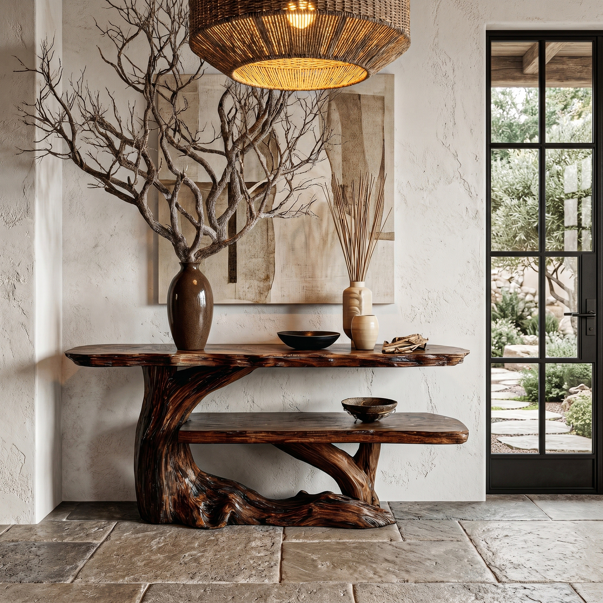Nature Inspired Console Table With Sculptural Wood Branch Design For Hallway