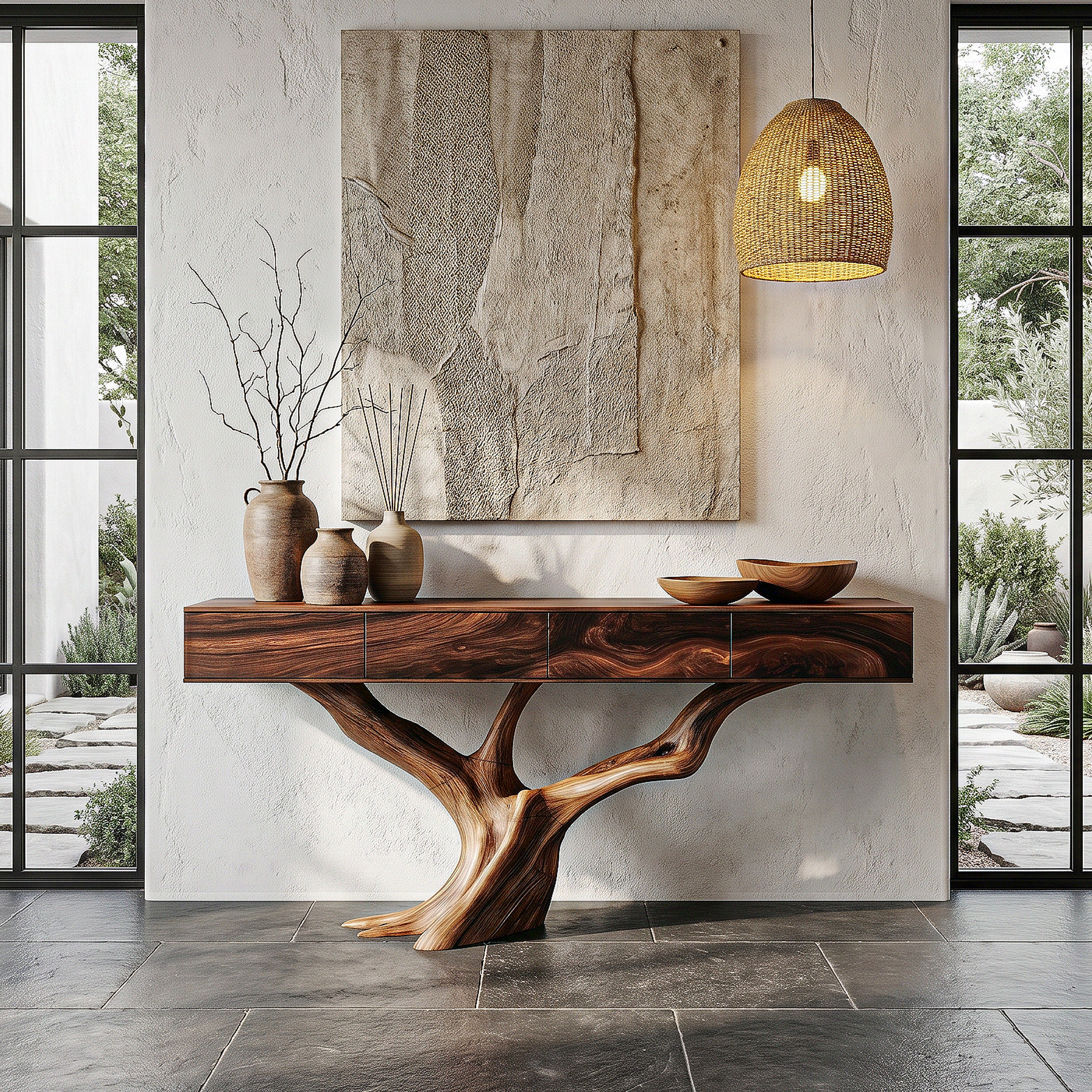 Rustic Live Edge Console Table With Sculptural Tree Branch Base For Entryway And Living Room